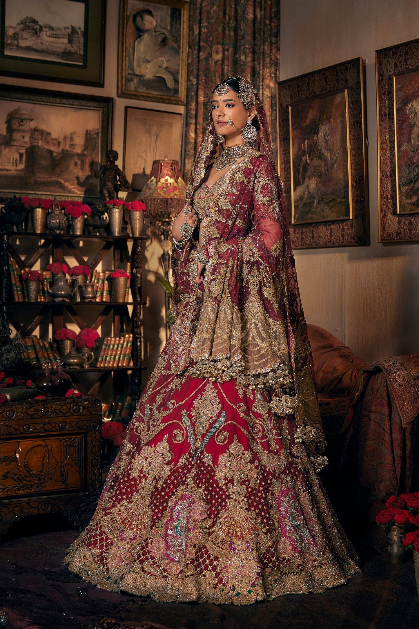 Garnet Red Archival Tulle Lehenga