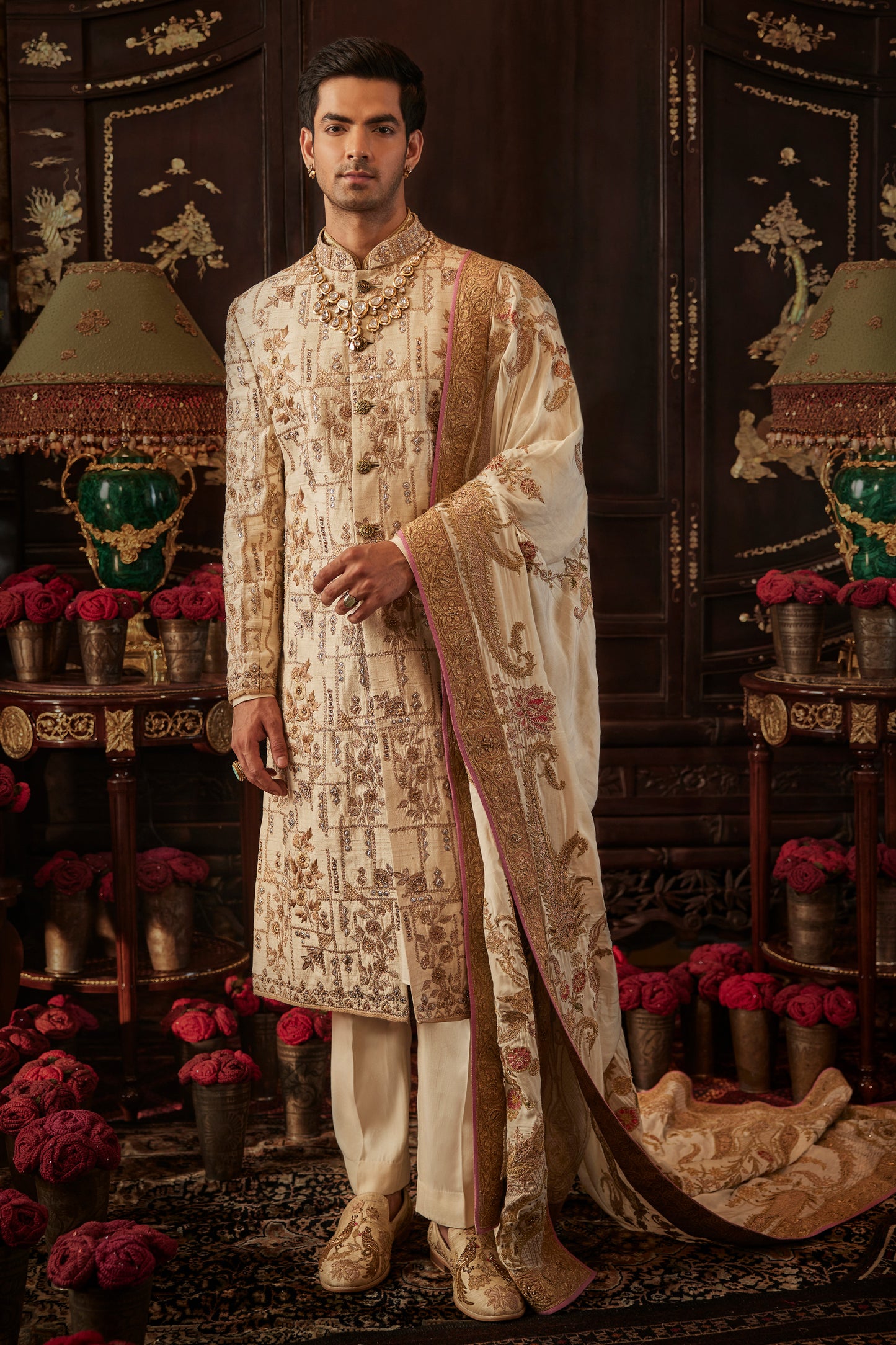 Ivory Gold Silk Sherwani