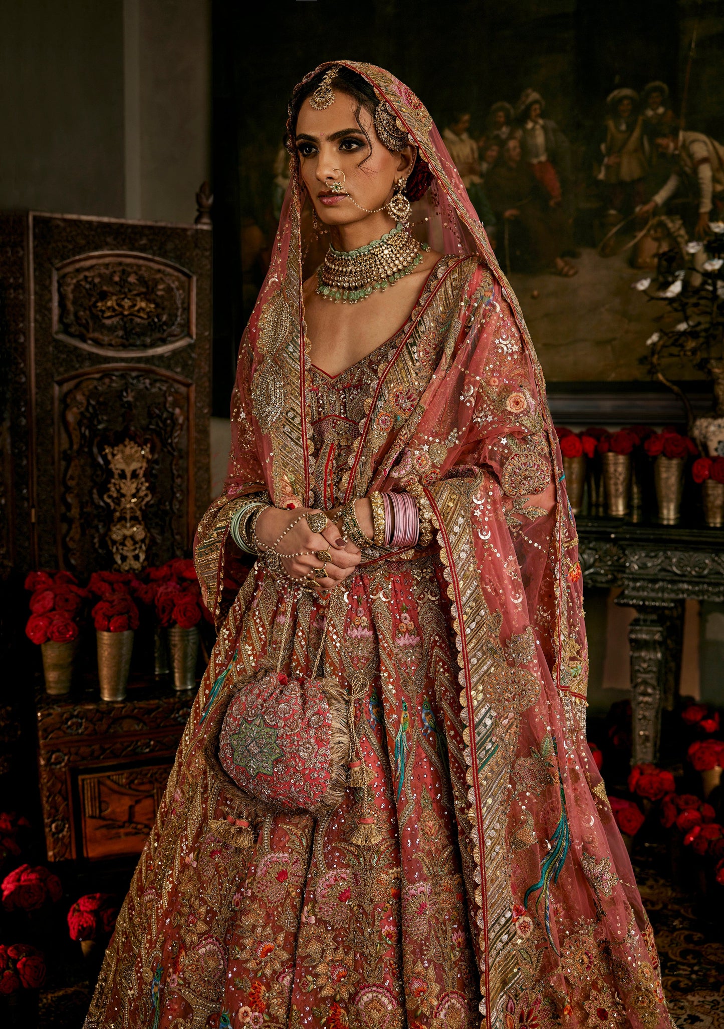 Coral Hued Tulle Lehenga