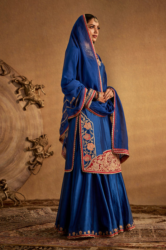 Model in a dark blue floral sharara set, elegant embroidery, traditional South Asian formal attire, festive occasion wear.