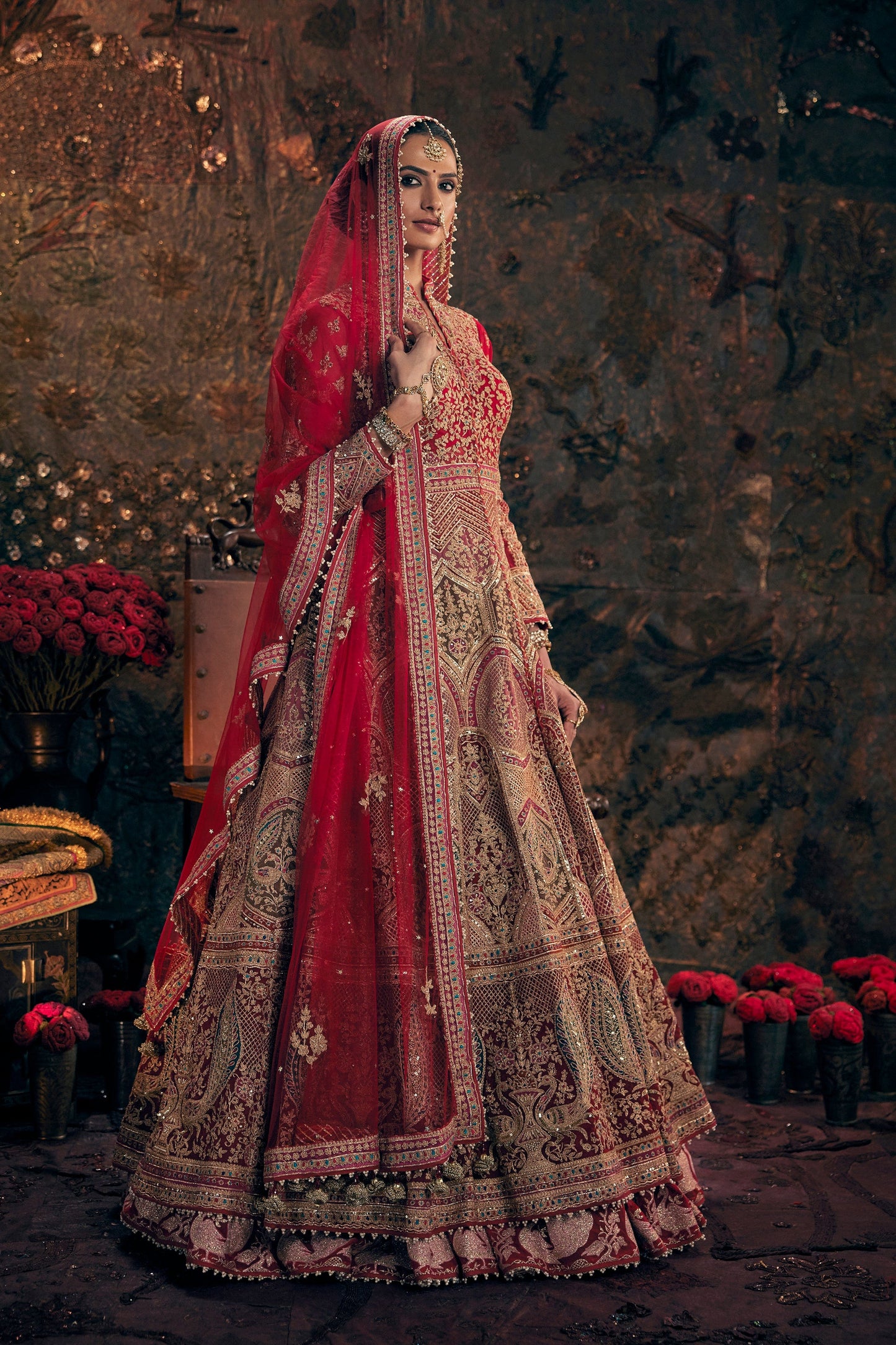 Deep Red Embroidered Lehenga