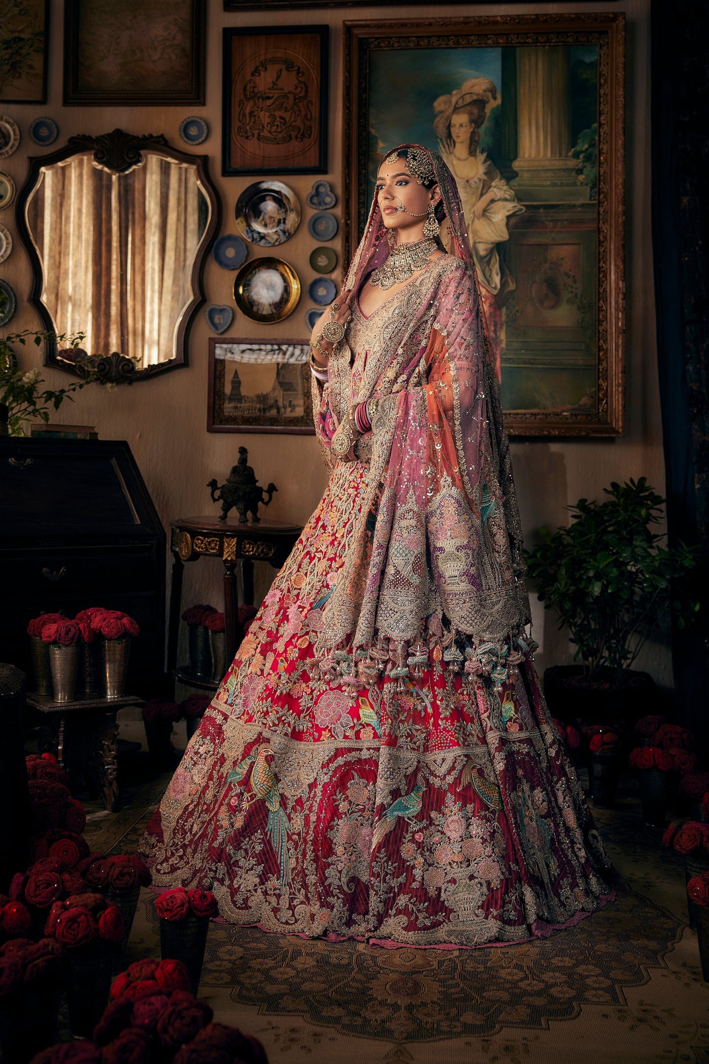 Deep Red Tulle And Silk Lehenga
