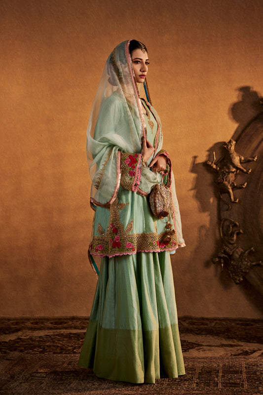 Woman in ice blue embroidered ethnic sharara set, traditional South Asian fashion, full length.