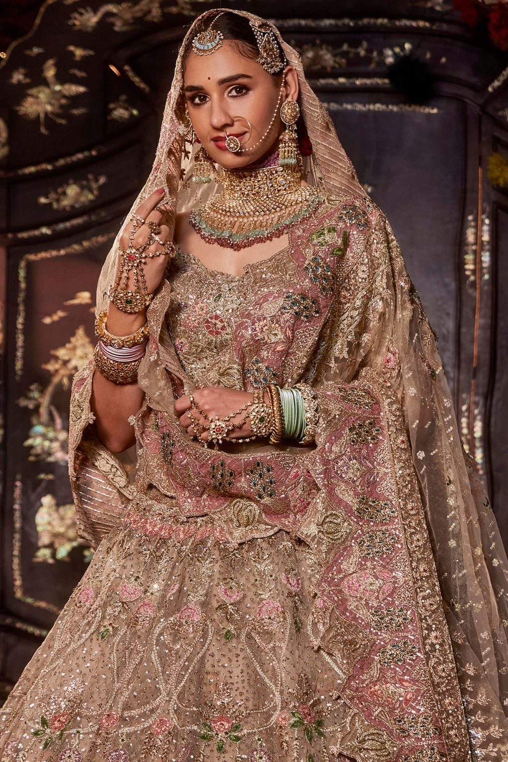 Beige Gold Persian Floral Lehenga Set