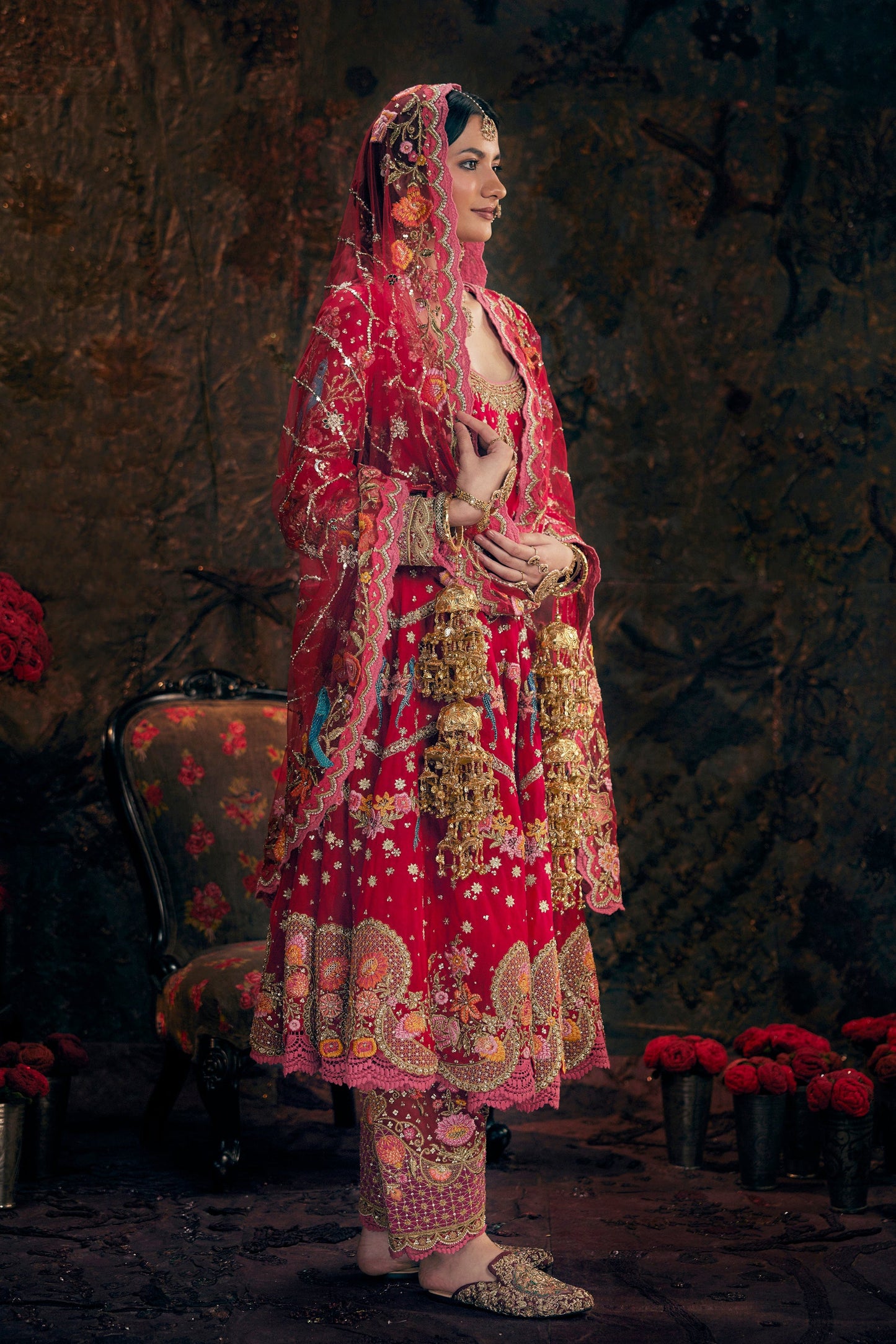 Deep Red Embroidered Kalidar Set