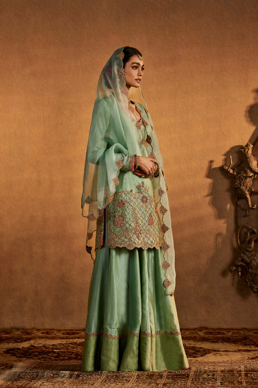 Woman in ice blue embroidered ethnic sharara set, traditional South Asian fashion, full length.