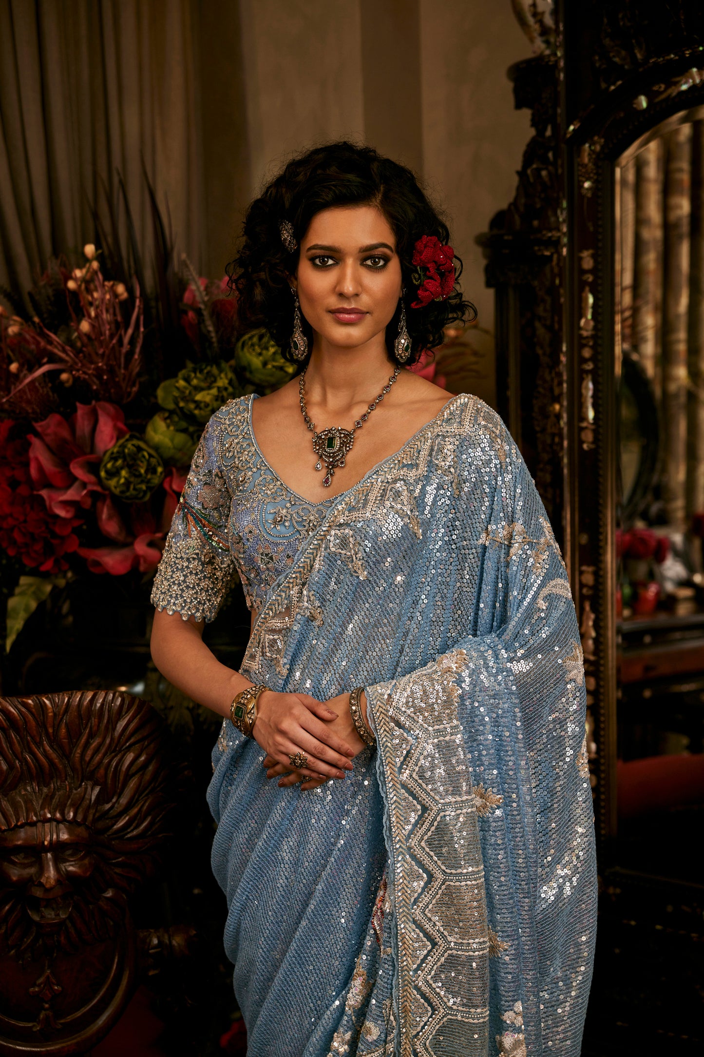 Blue Embroidered Tulle Saree