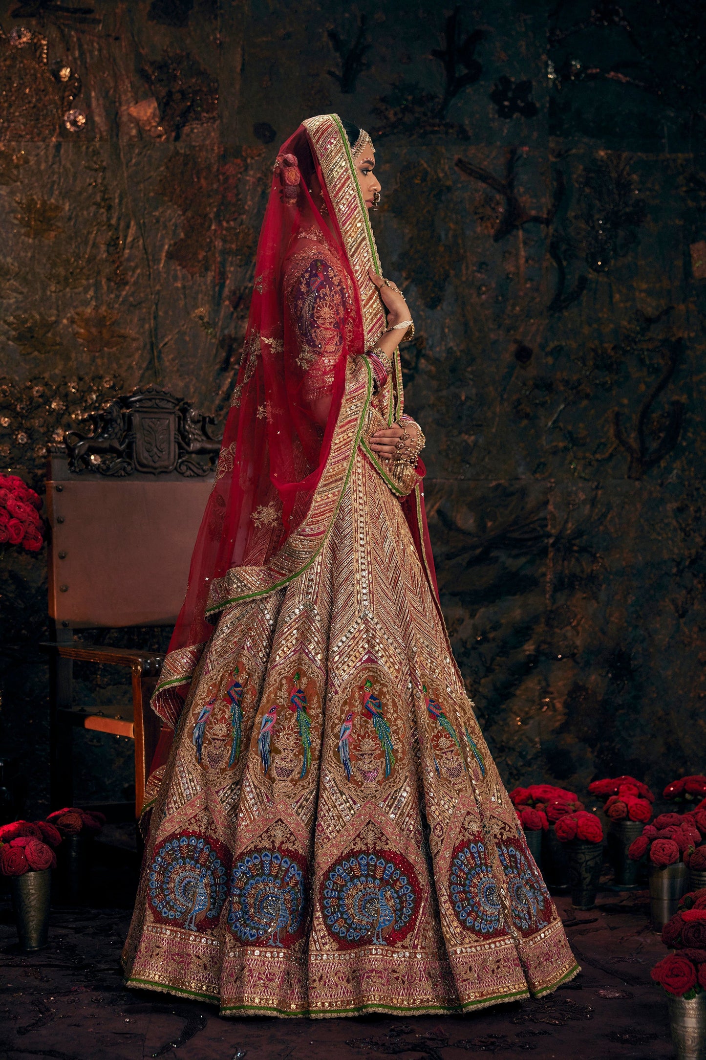 Earthy Garnet Red Avian Embroidered Lehenga