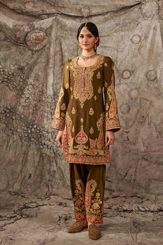 Olive Green Paisley Embroidered Kurta Set