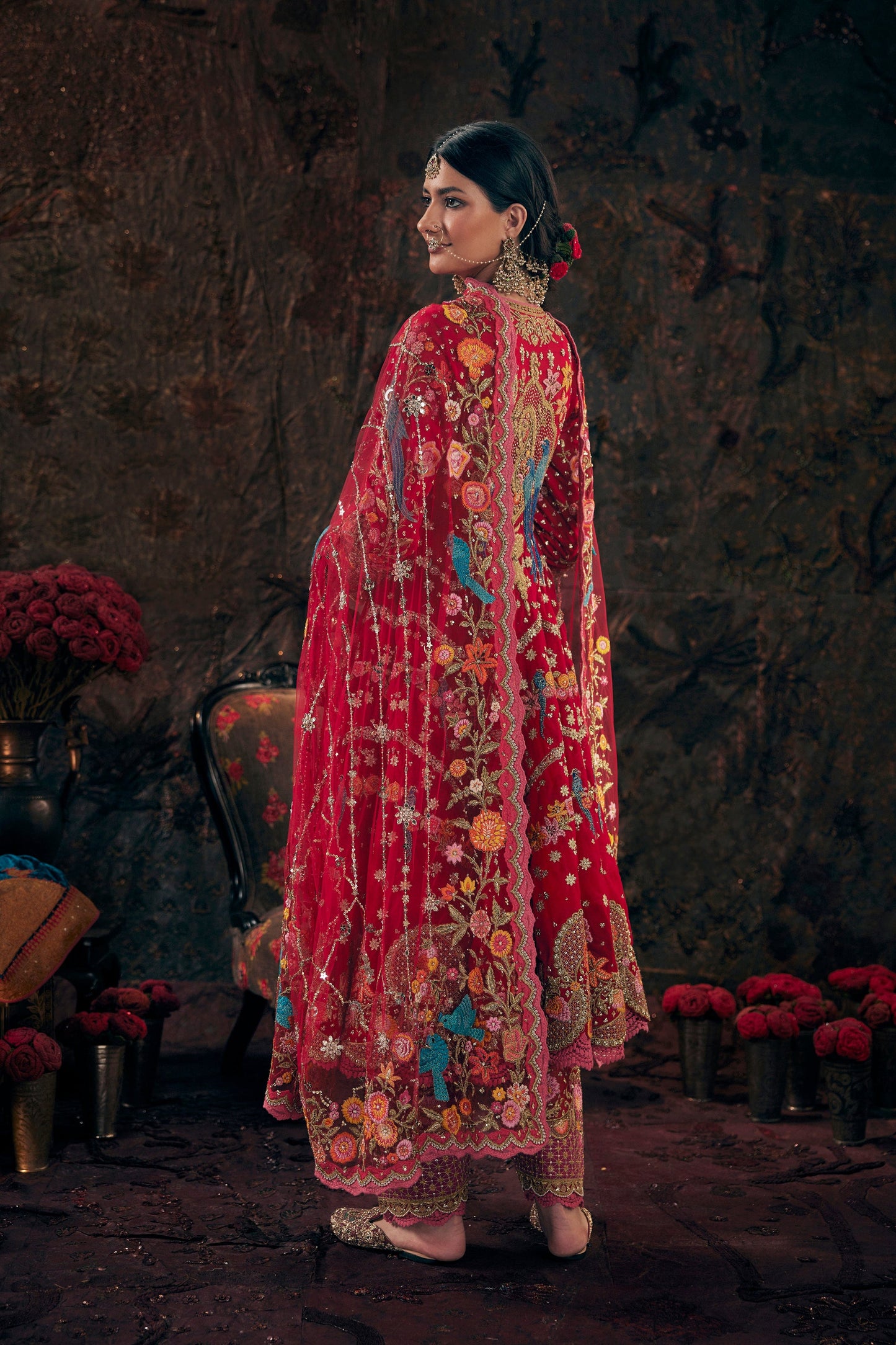 Deep Red Embroidered Kalidar Set