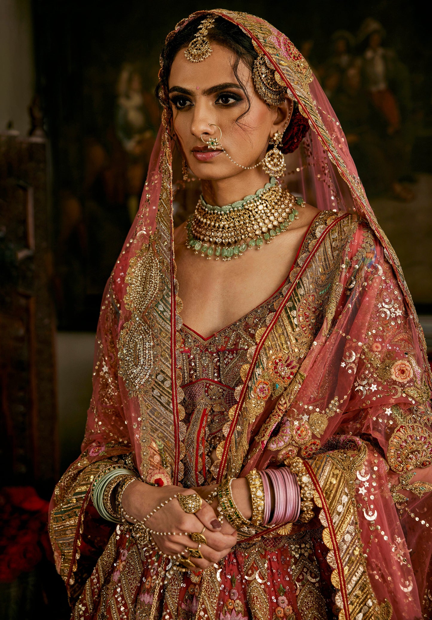 Coral Hued Tulle Lehenga