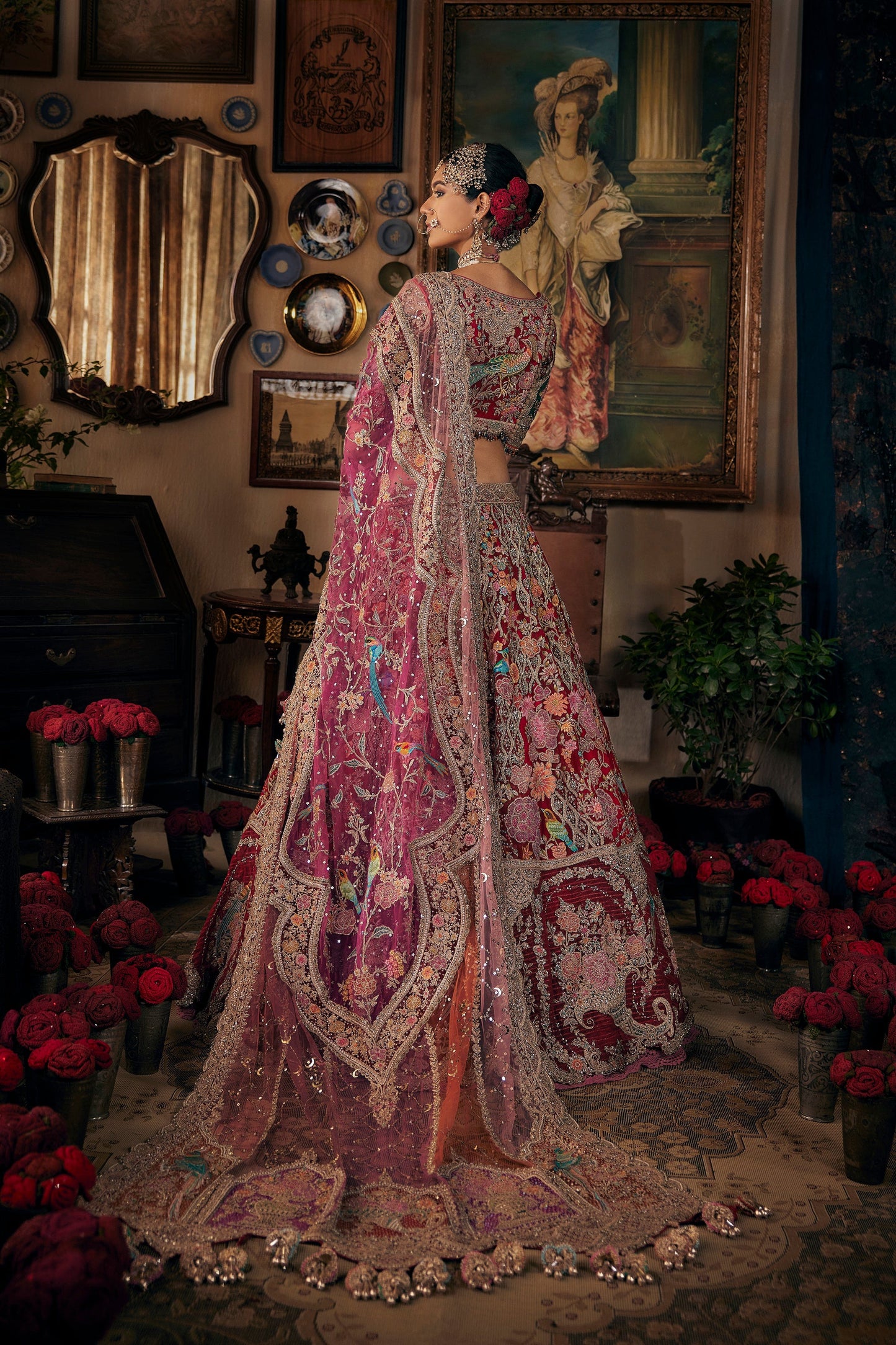 Deep Red Tulle And Silk Lehenga