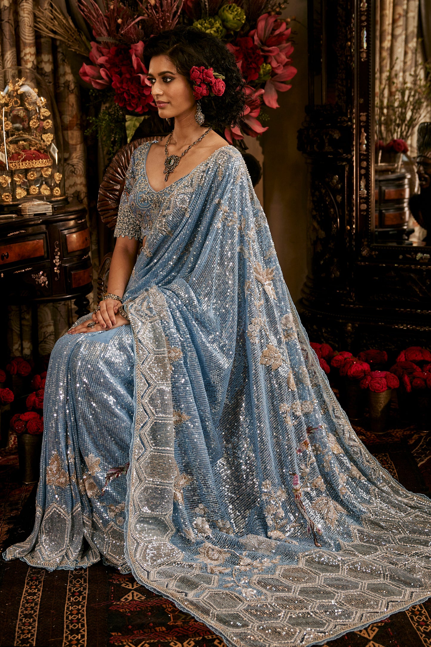 Blue Embroidered Tulle Saree