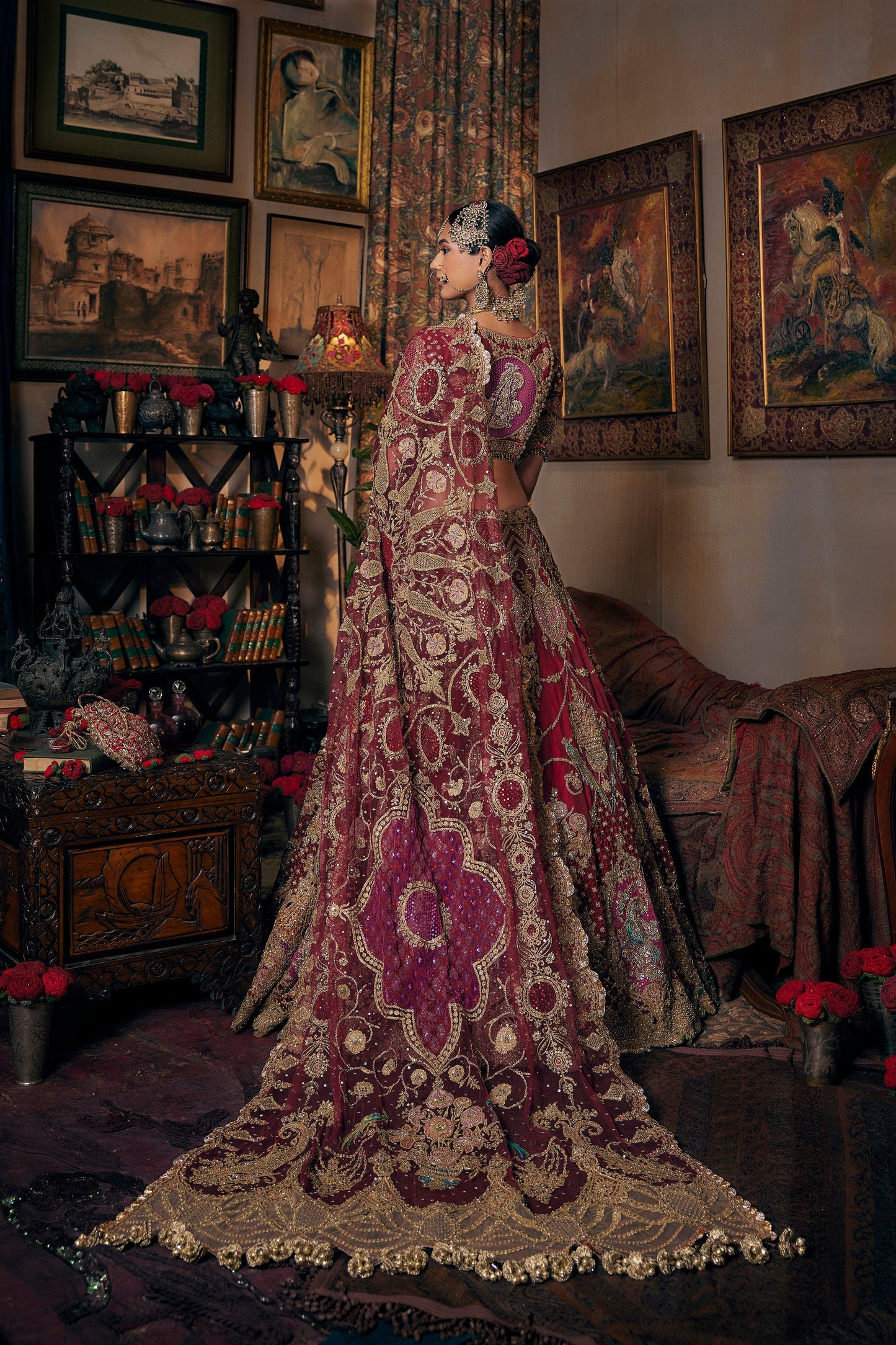 Garnet Red Archival Tulle Lehenga