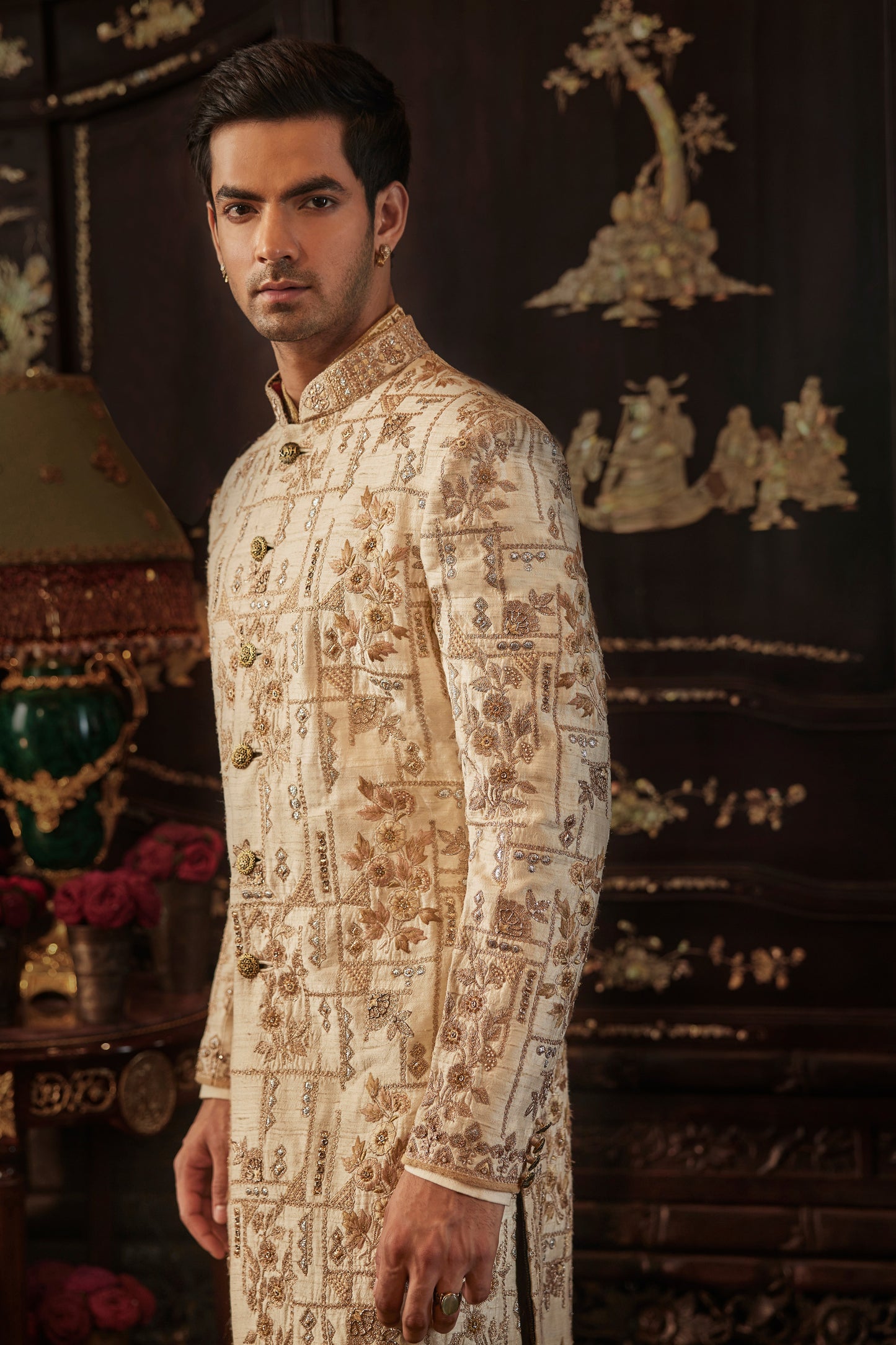 Ivory Gold Silk Sherwani