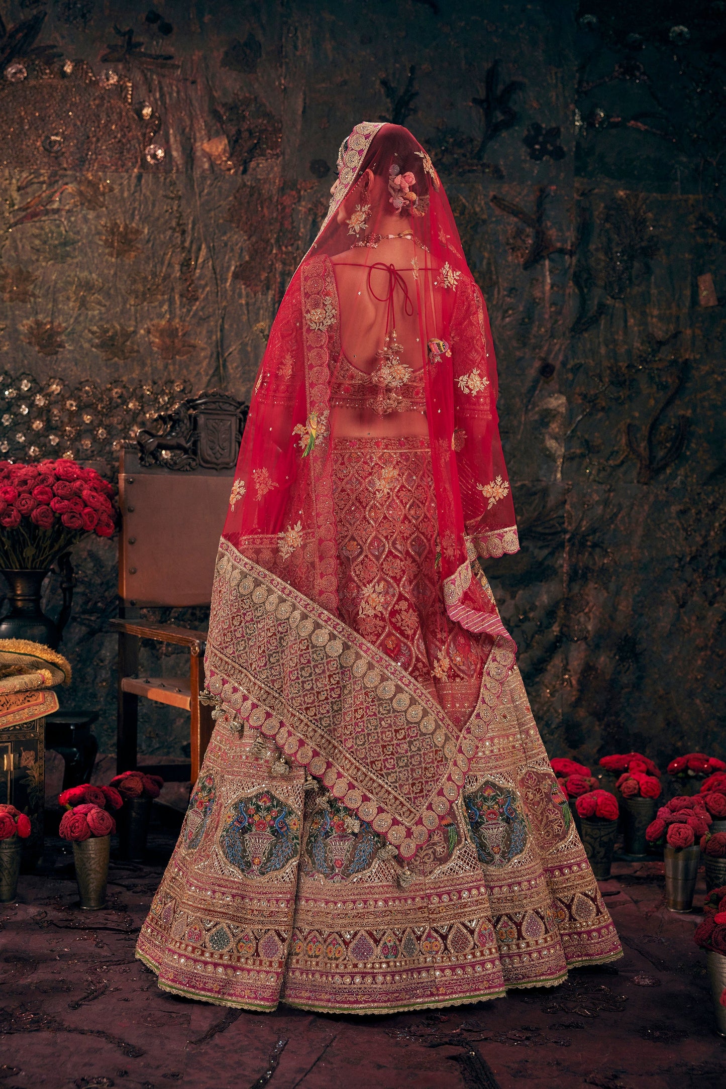 Garnet Red Floral Embroidered Lehenga