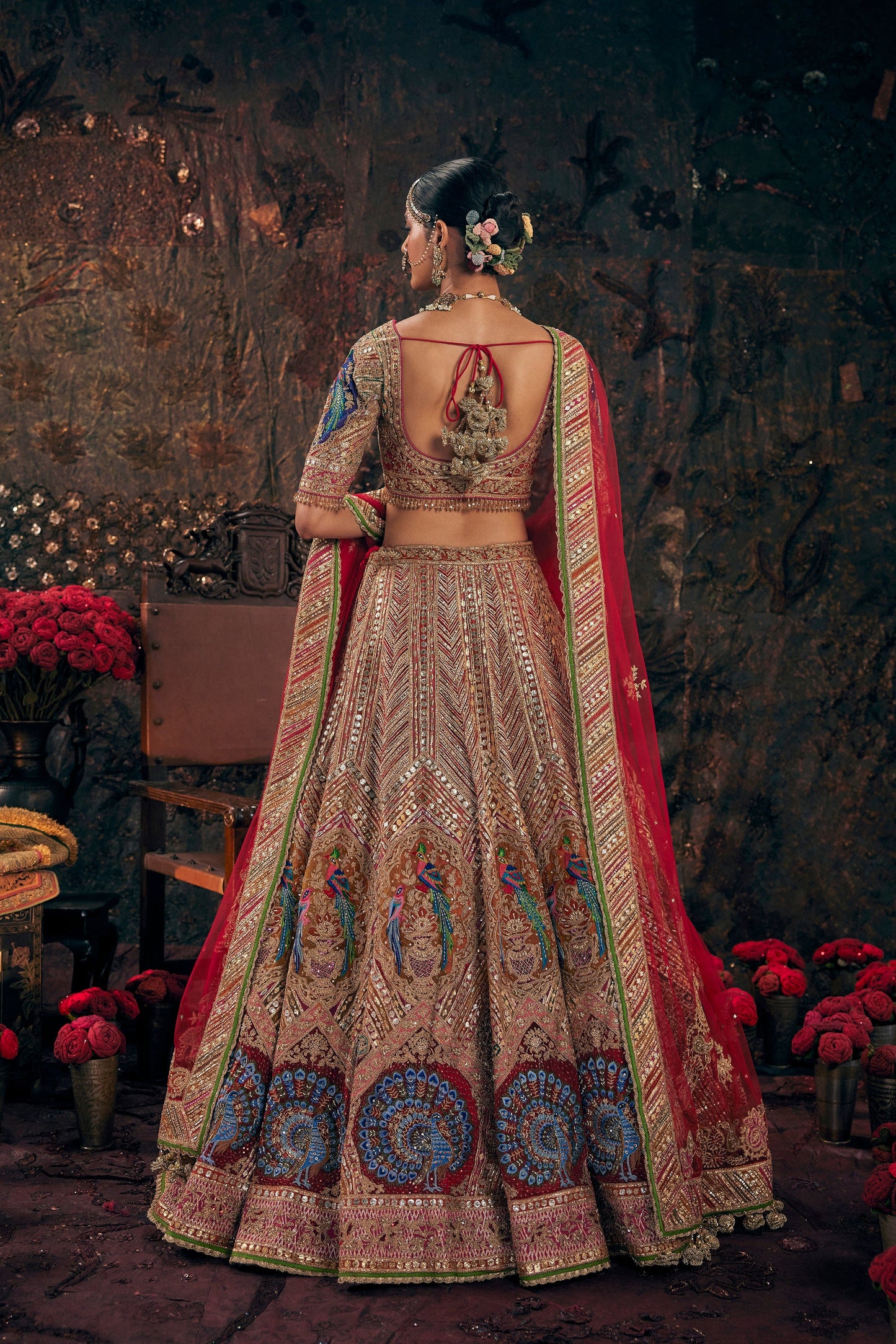 Earthy Garnet Red Avian Embroidered Lehenga