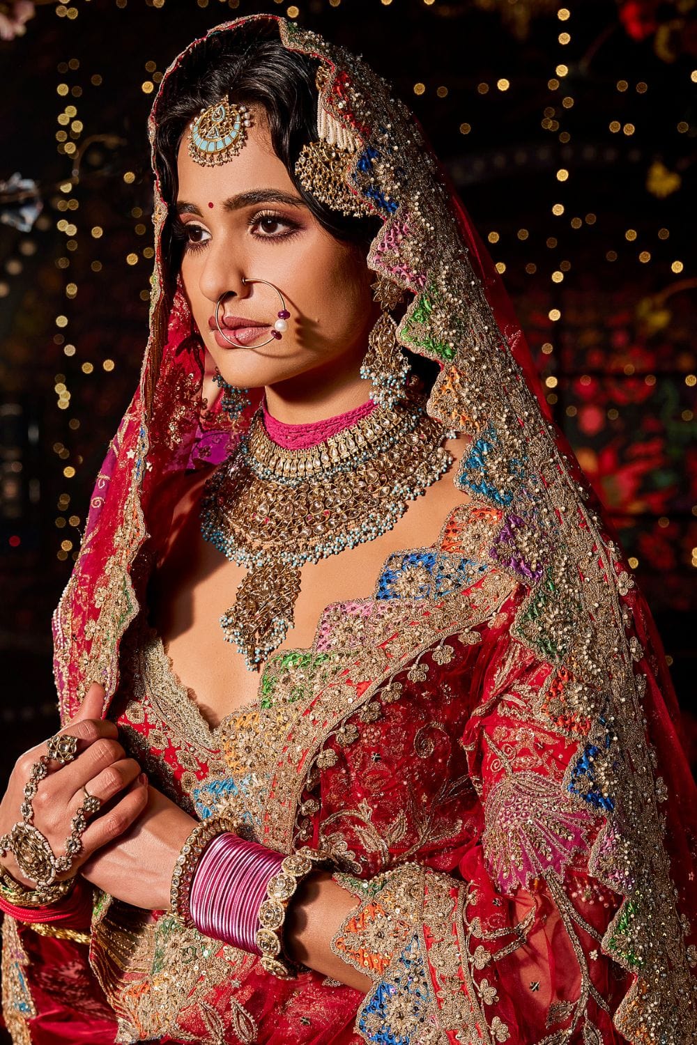 Deep Red Seed Pearl Peacock Lehenga Set