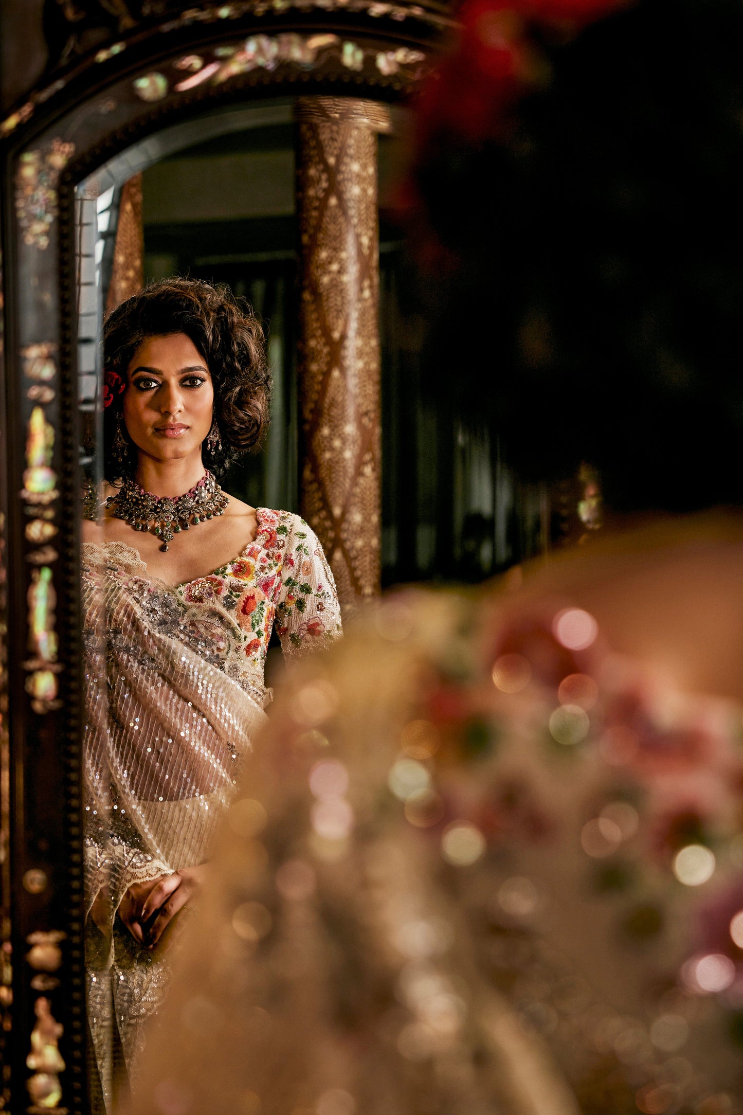 Ivory Sequinned Tulle Saree