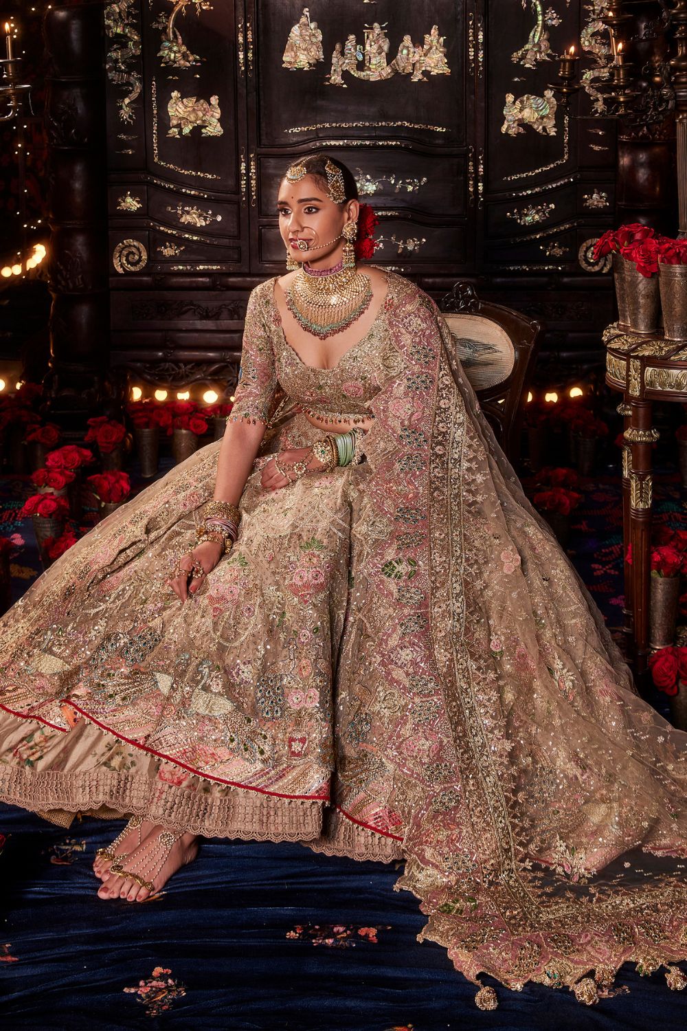 Beige Gold Persian Floral Lehenga Set