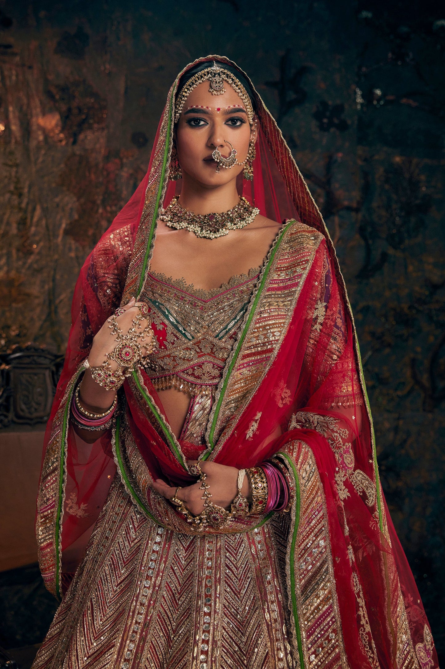 Earthy Garnet Red Avian Embroidered Lehenga
