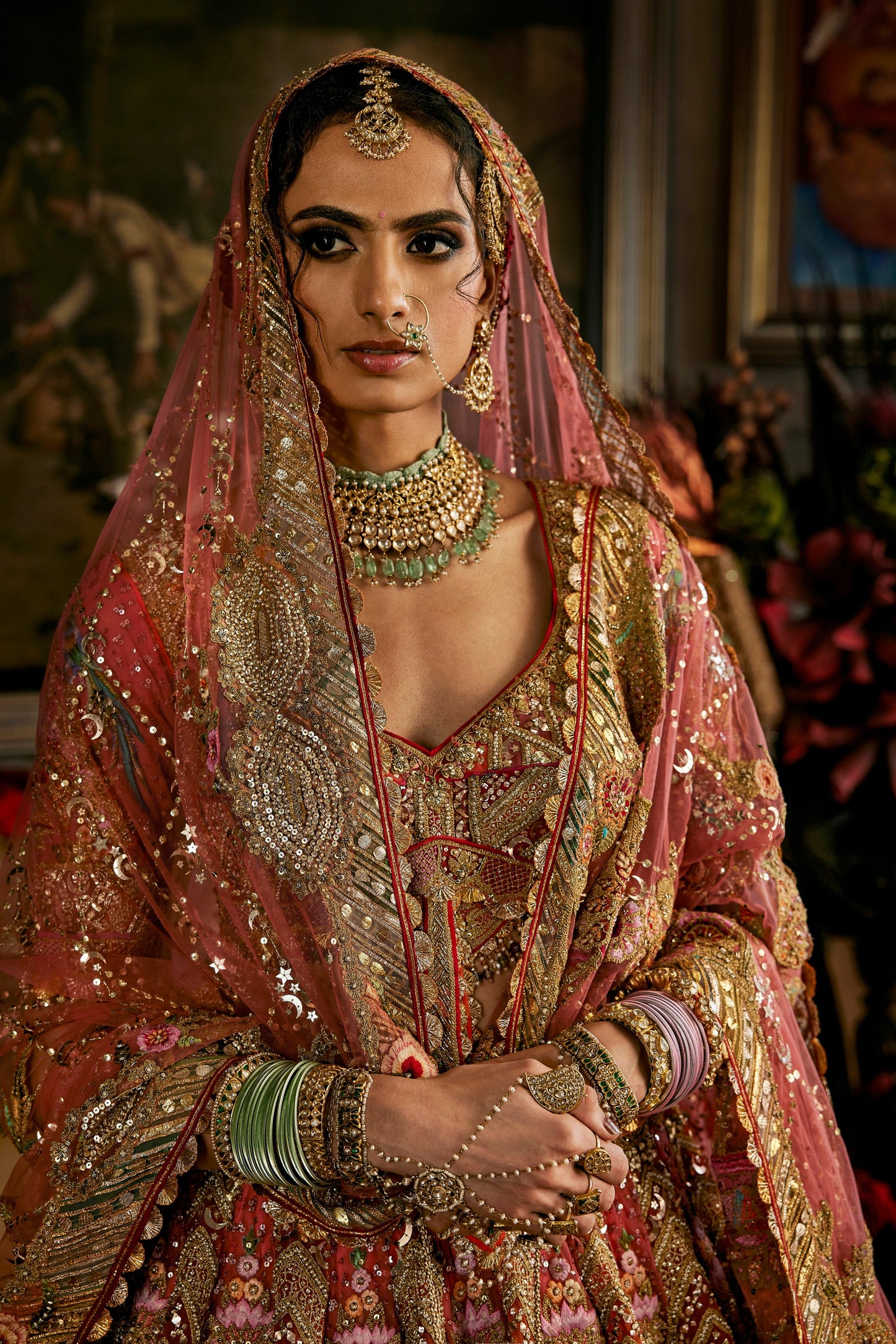 Coral Hued Tulle Lehenga