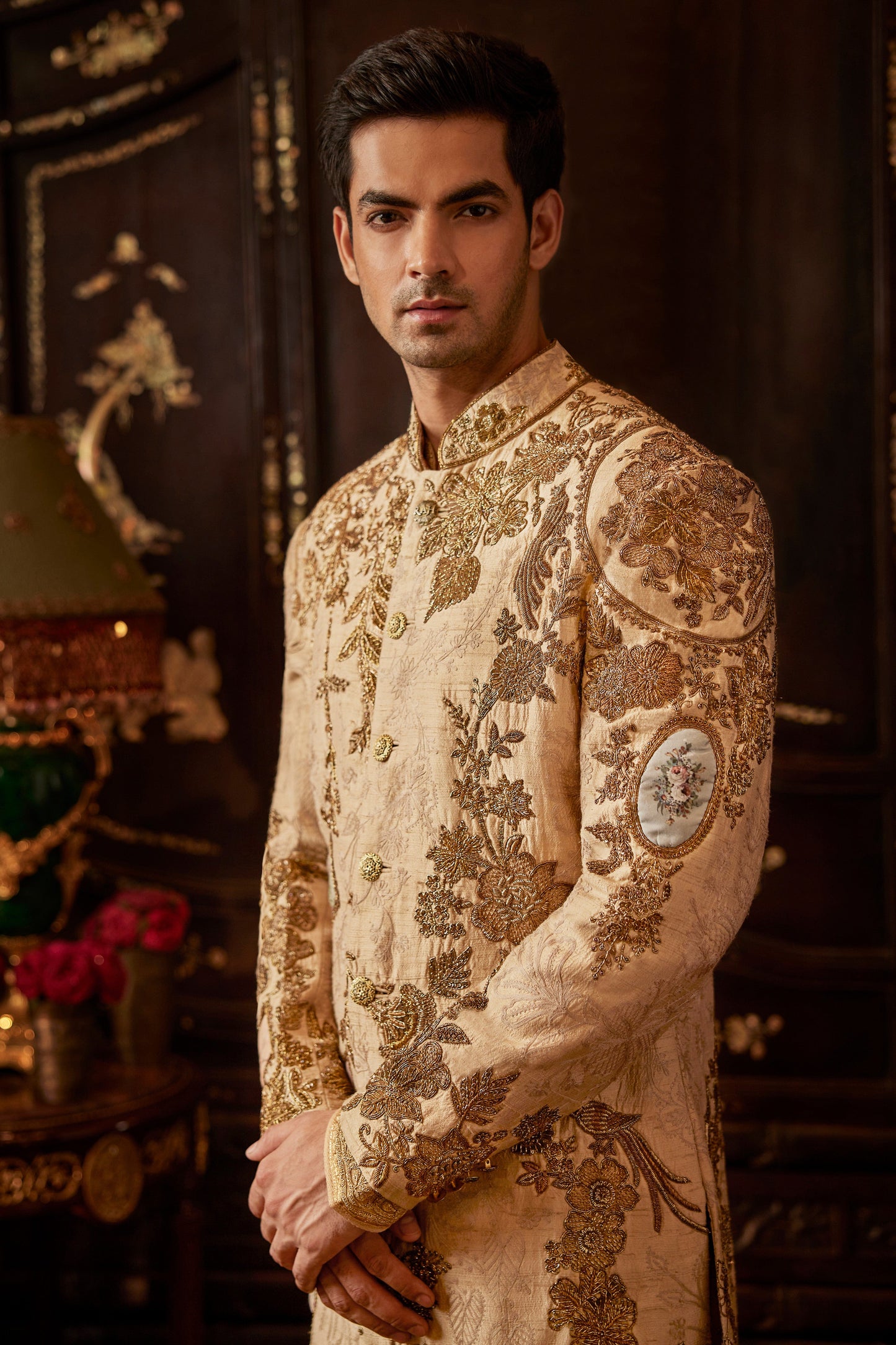 Beige Gold Silk Sherwani