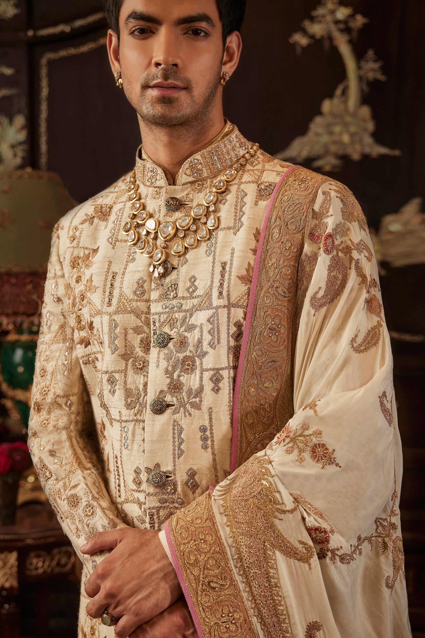 Ivory Gold Silk Sherwani