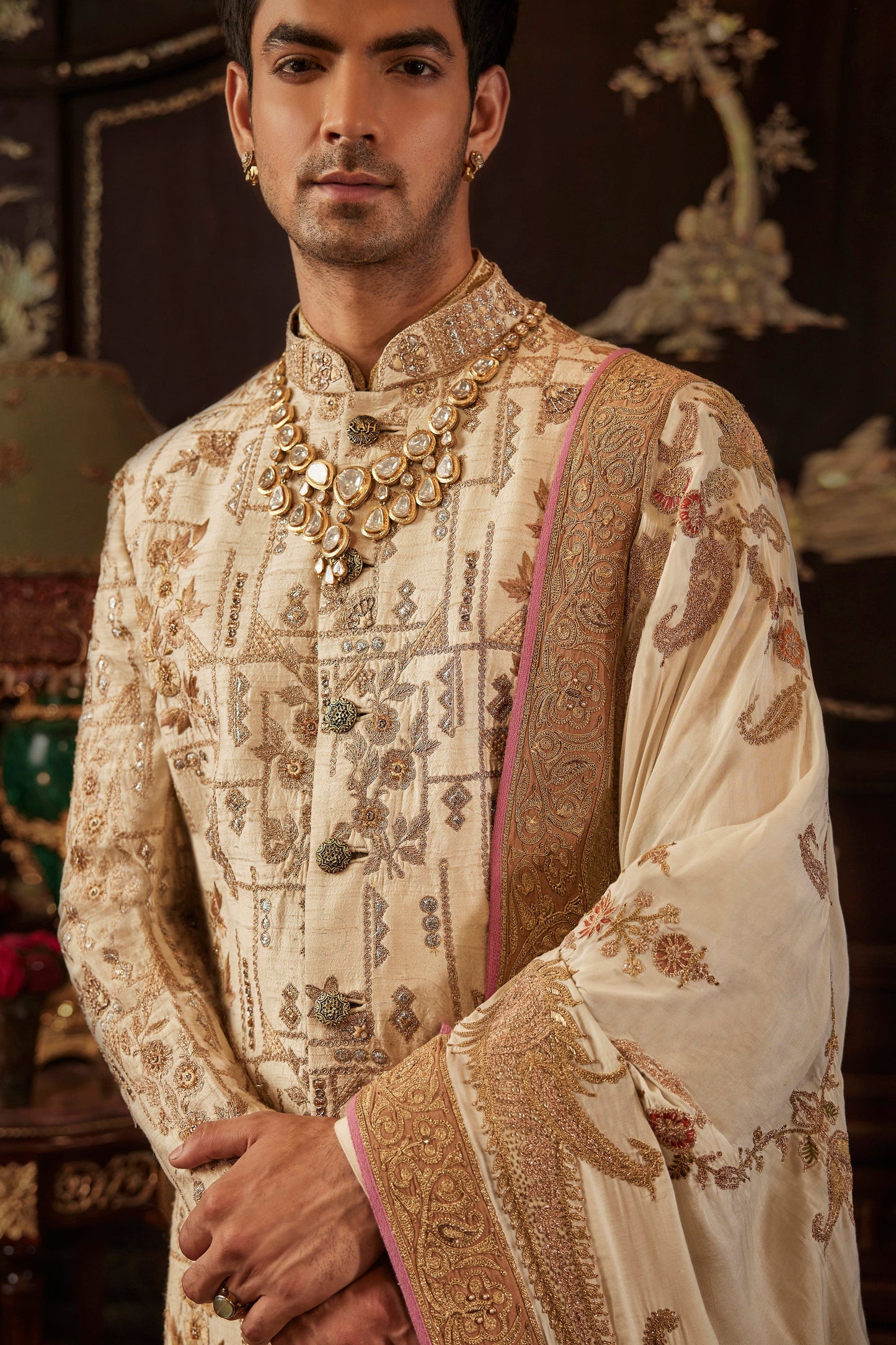 Ivory Gold Silk Sherwani