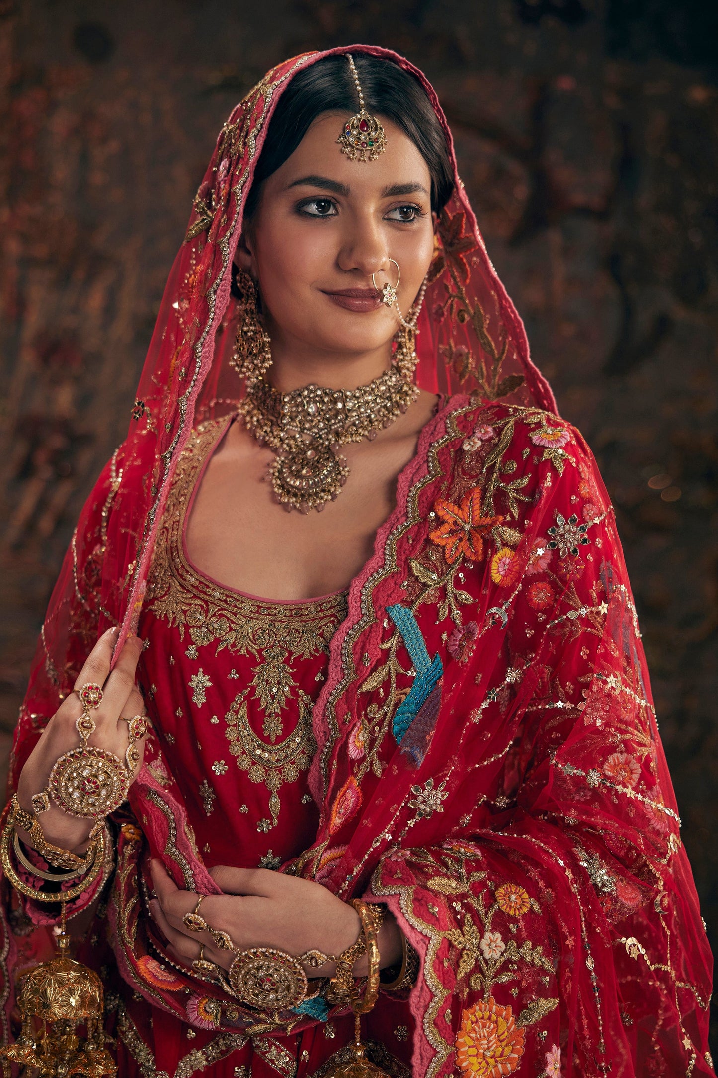 Deep Red Embroidered Kalidar Set