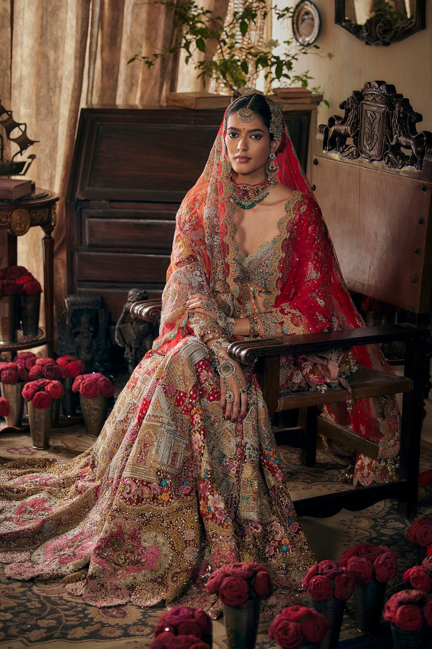 Crimson Red Cambodian Tulle Lehenga