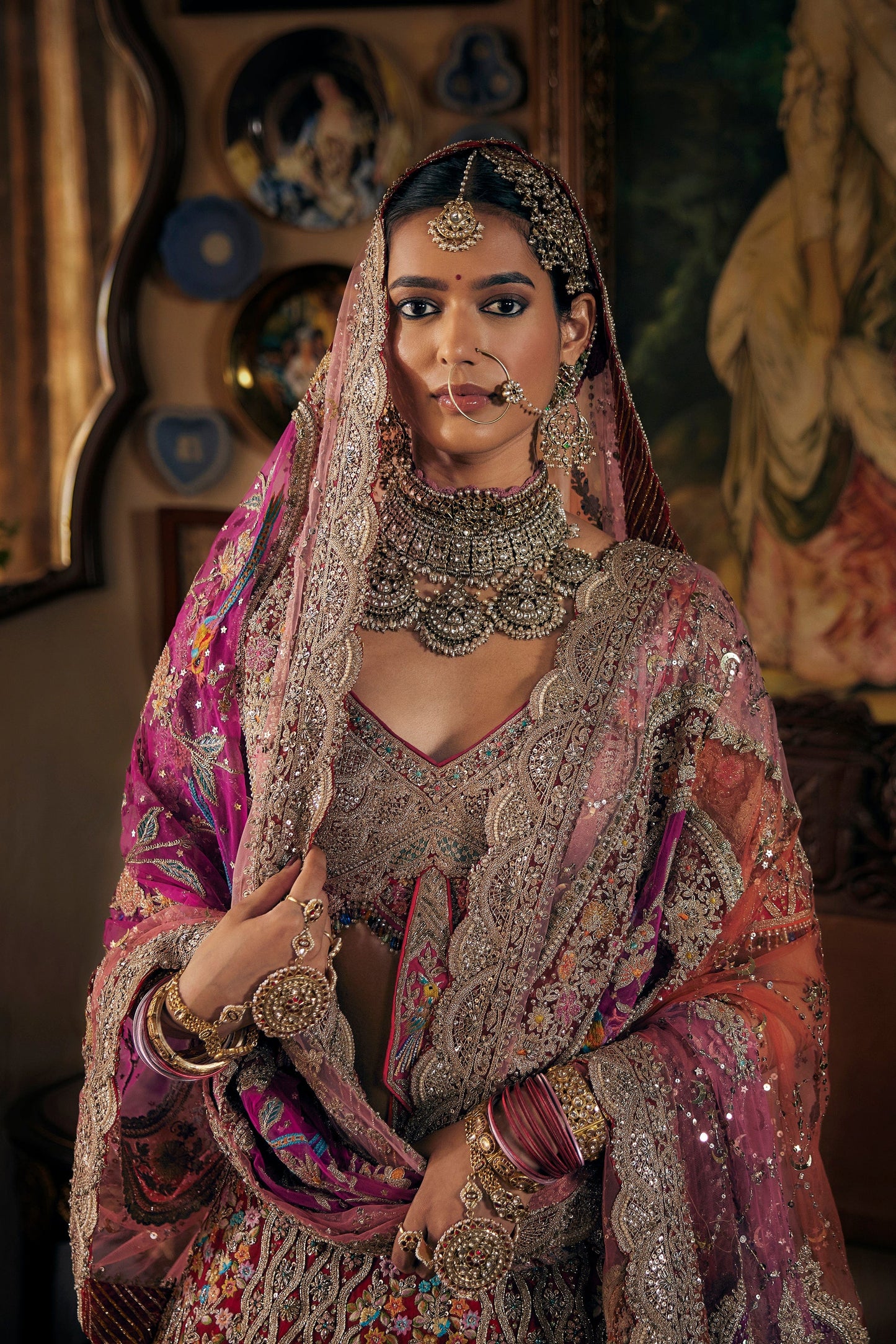 Deep Red Tulle And Silk Lehenga