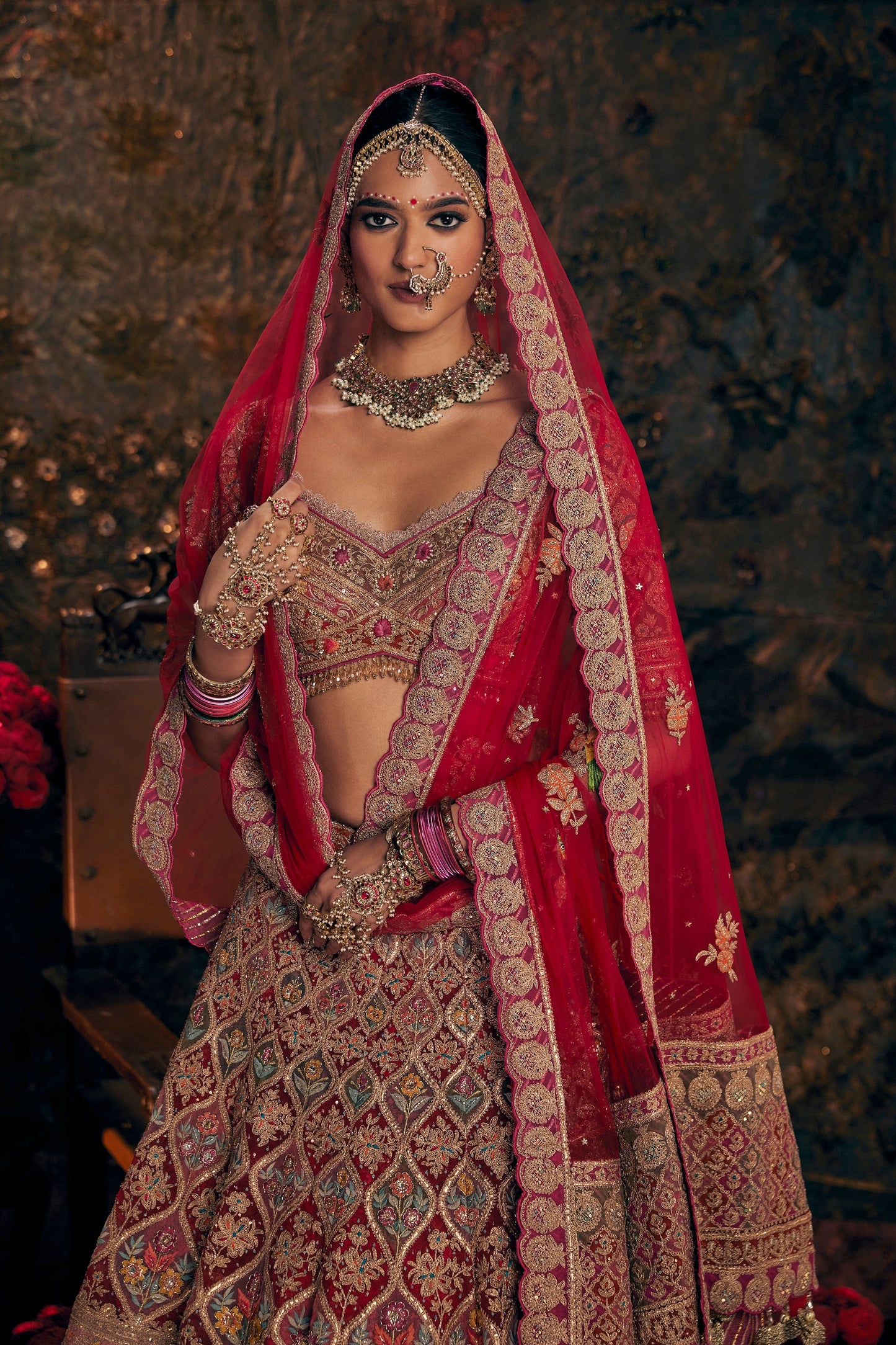Garnet Red Floral Embroidered Lehenga