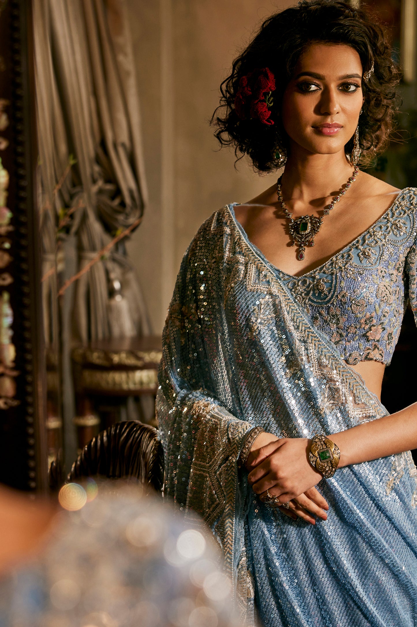 Blue Embroidered Tulle Saree