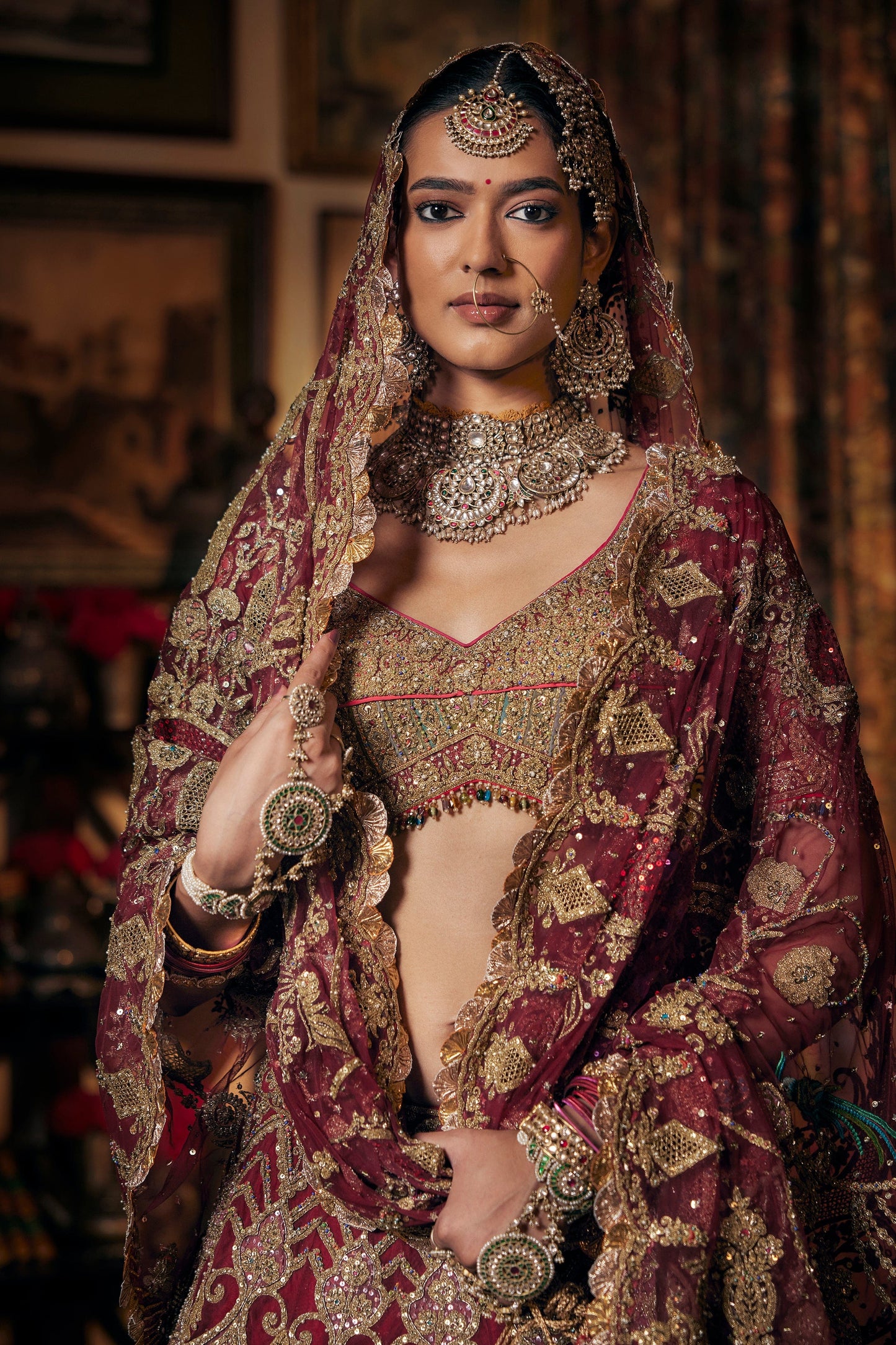Garnet Red Archival Tulle Lehenga