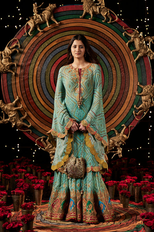Light Turqouise Bandhej Kaftan & Gharara