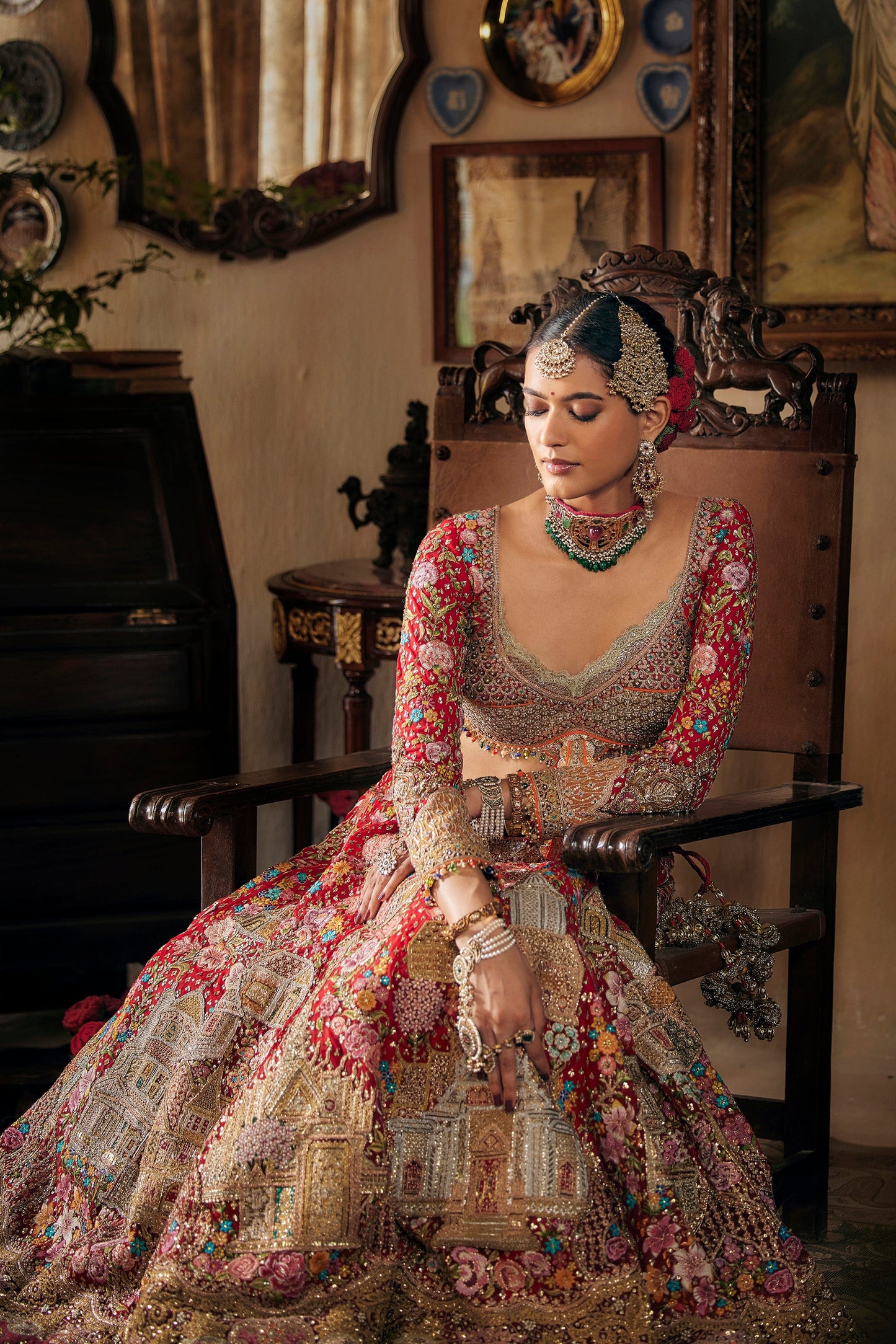 Crimson Red Cambodian Tulle Lehenga