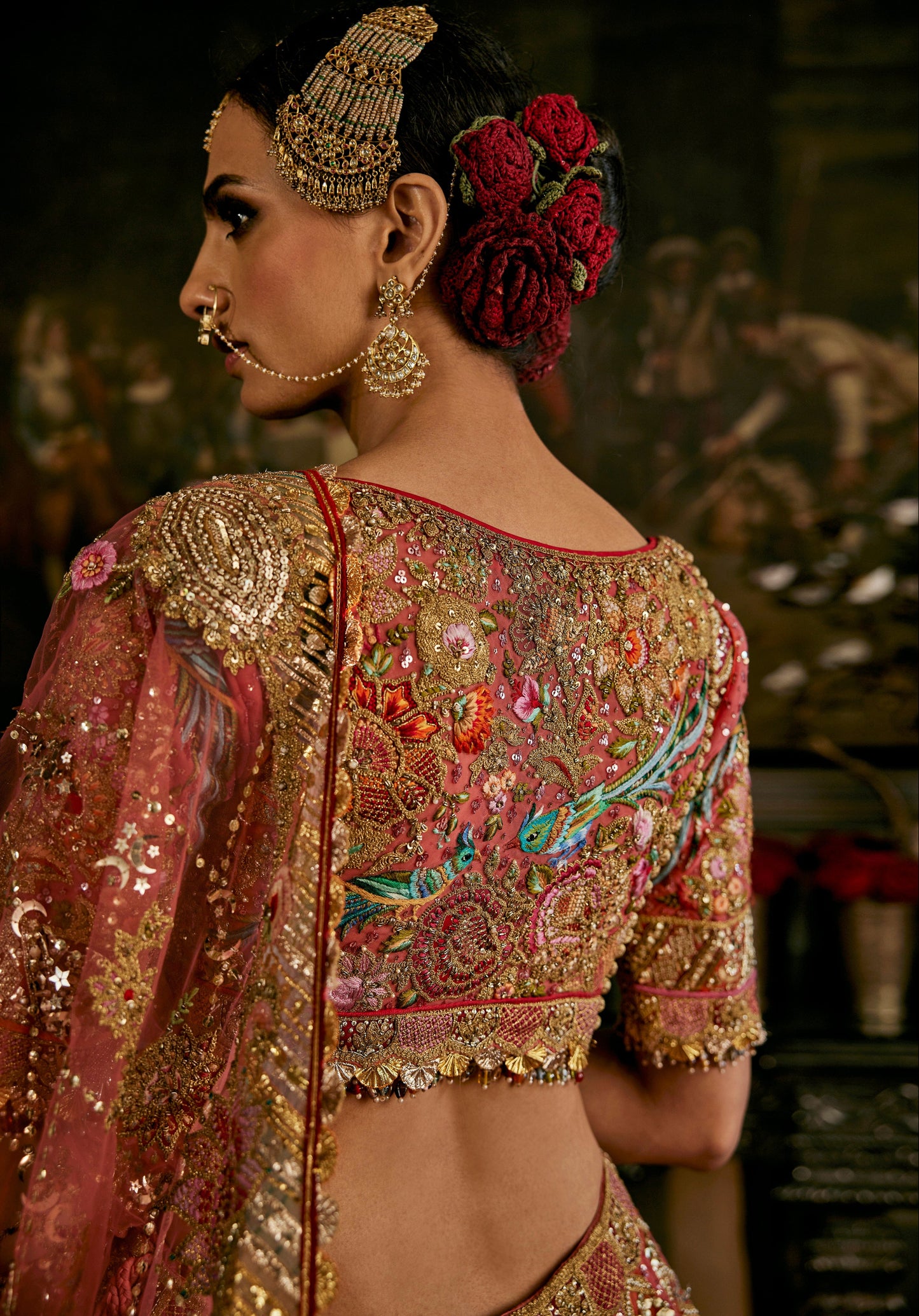 Coral Hued Tulle Lehenga