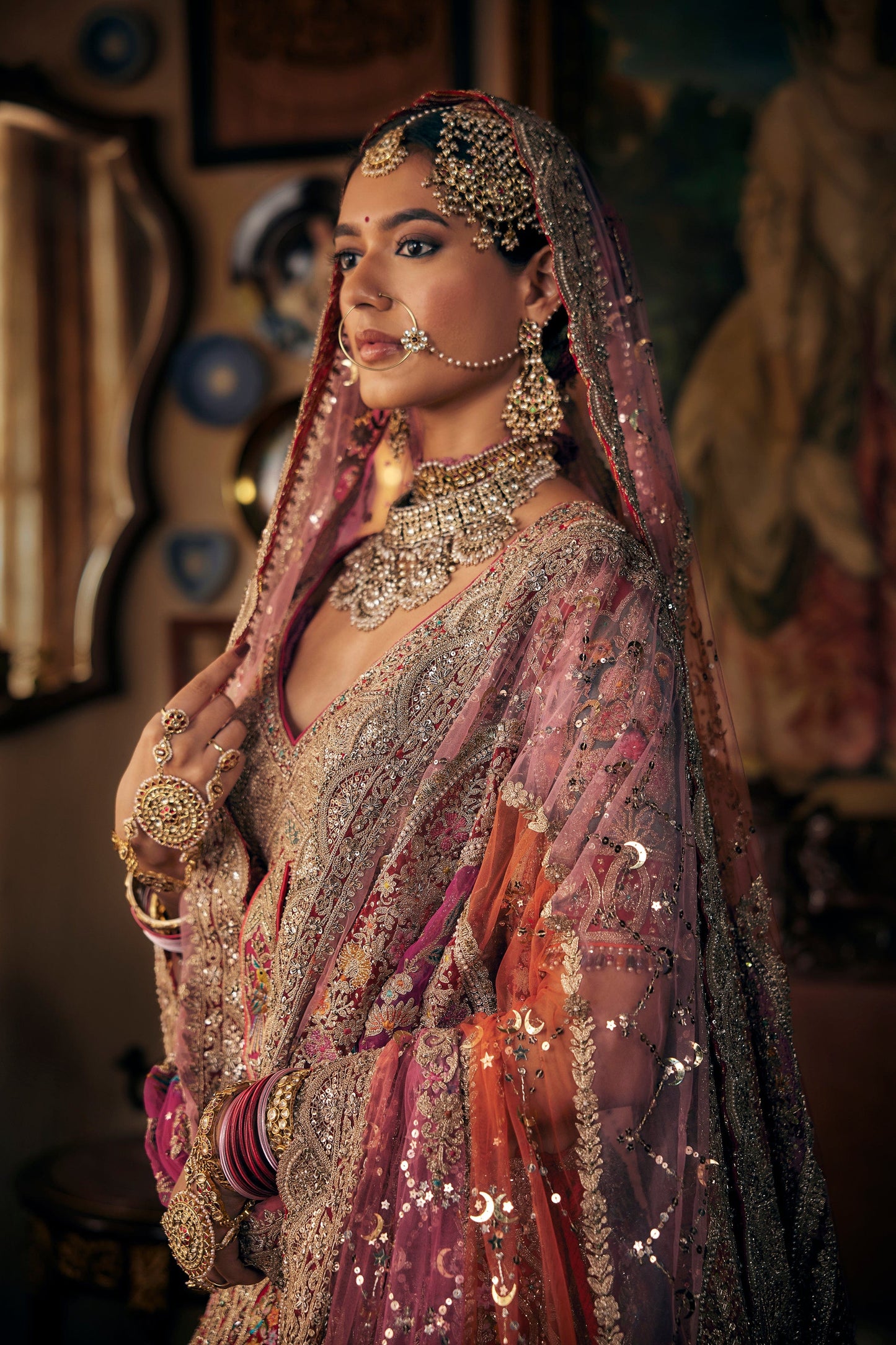 Deep Red Tulle And Silk Lehenga