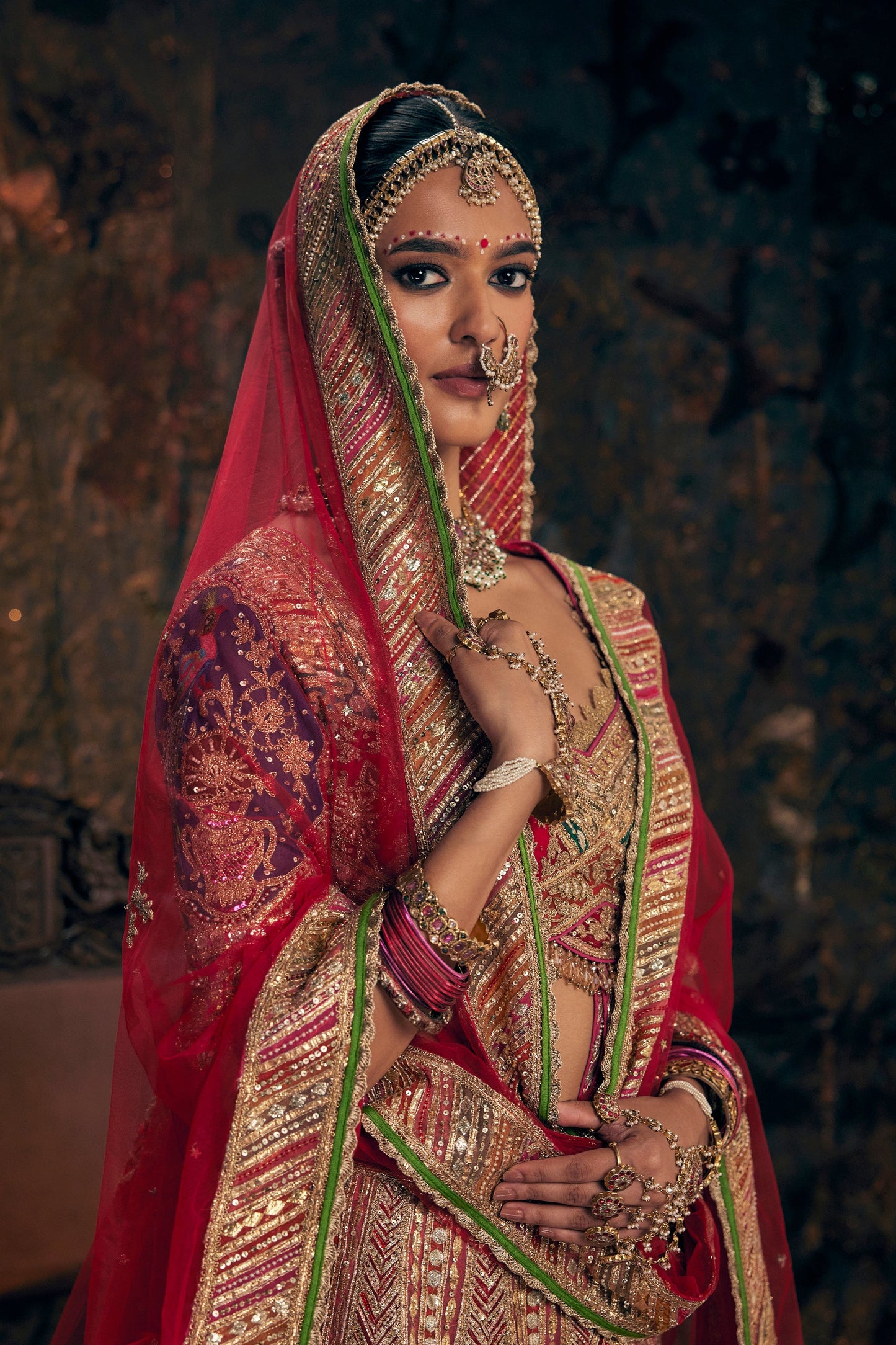Earthy Garnet Red Avian Embroidered Lehenga