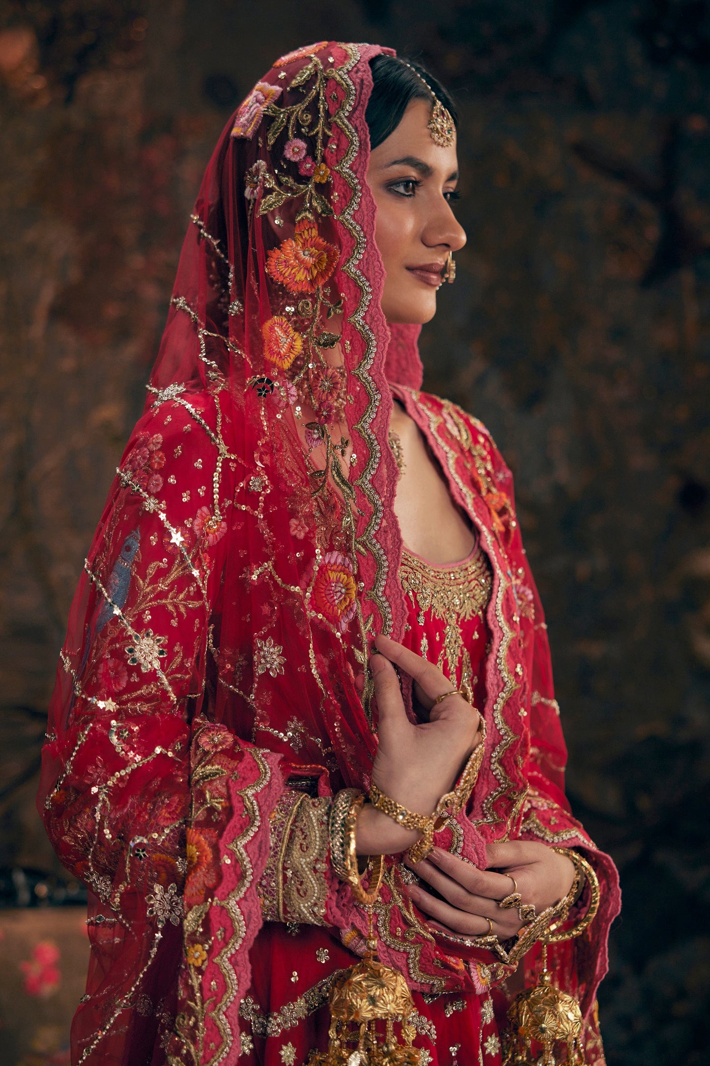 Deep Red Embroidered Kalidar Set