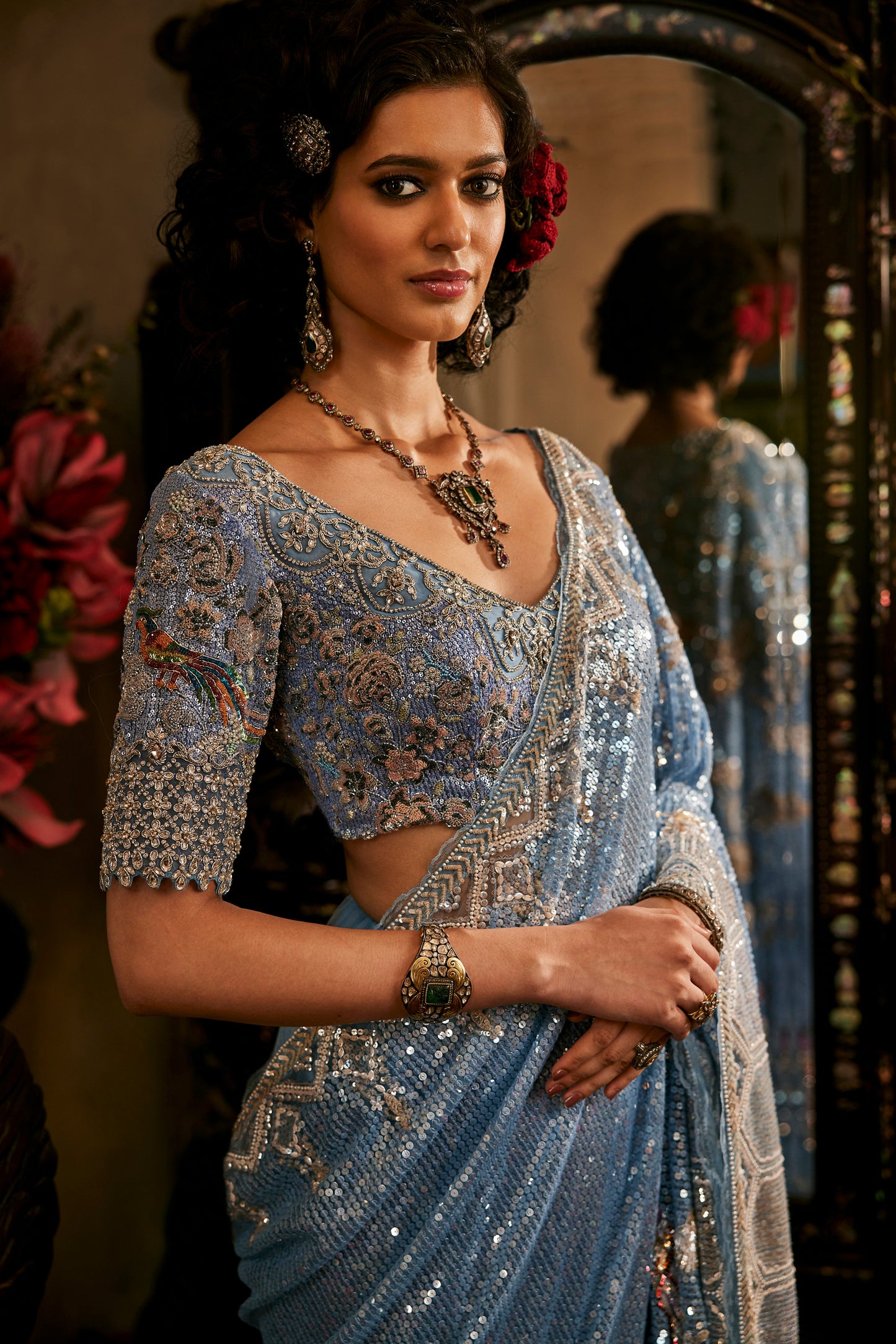 Blue Embroidered Tulle Saree
