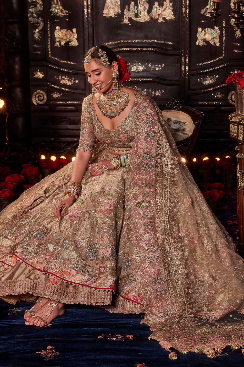 Beige Gold Persian Floral Lehenga Set
