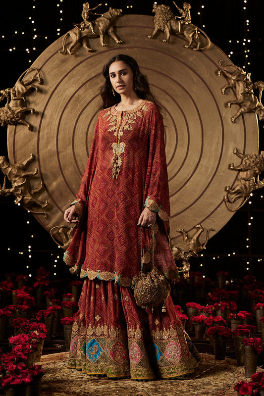 Maroon Bandhej Kaftan & Gharara