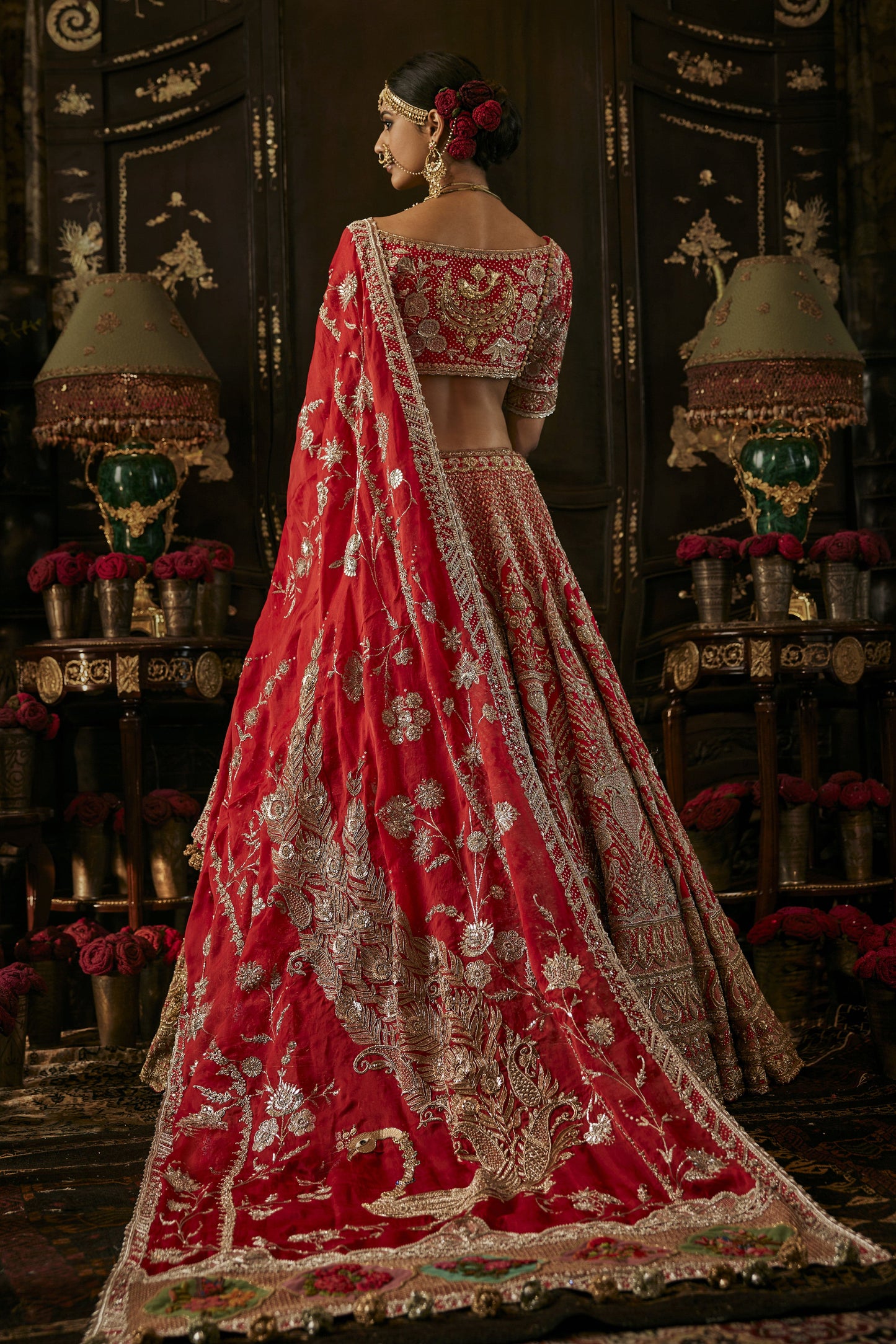 Lush Red Floral Bouquets Lehenga