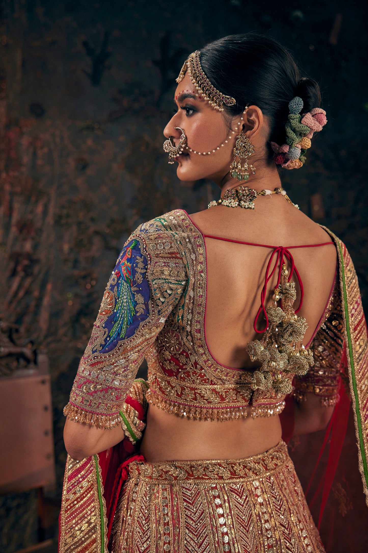 Earthy Garnet Red Avian Embroidered Lehenga