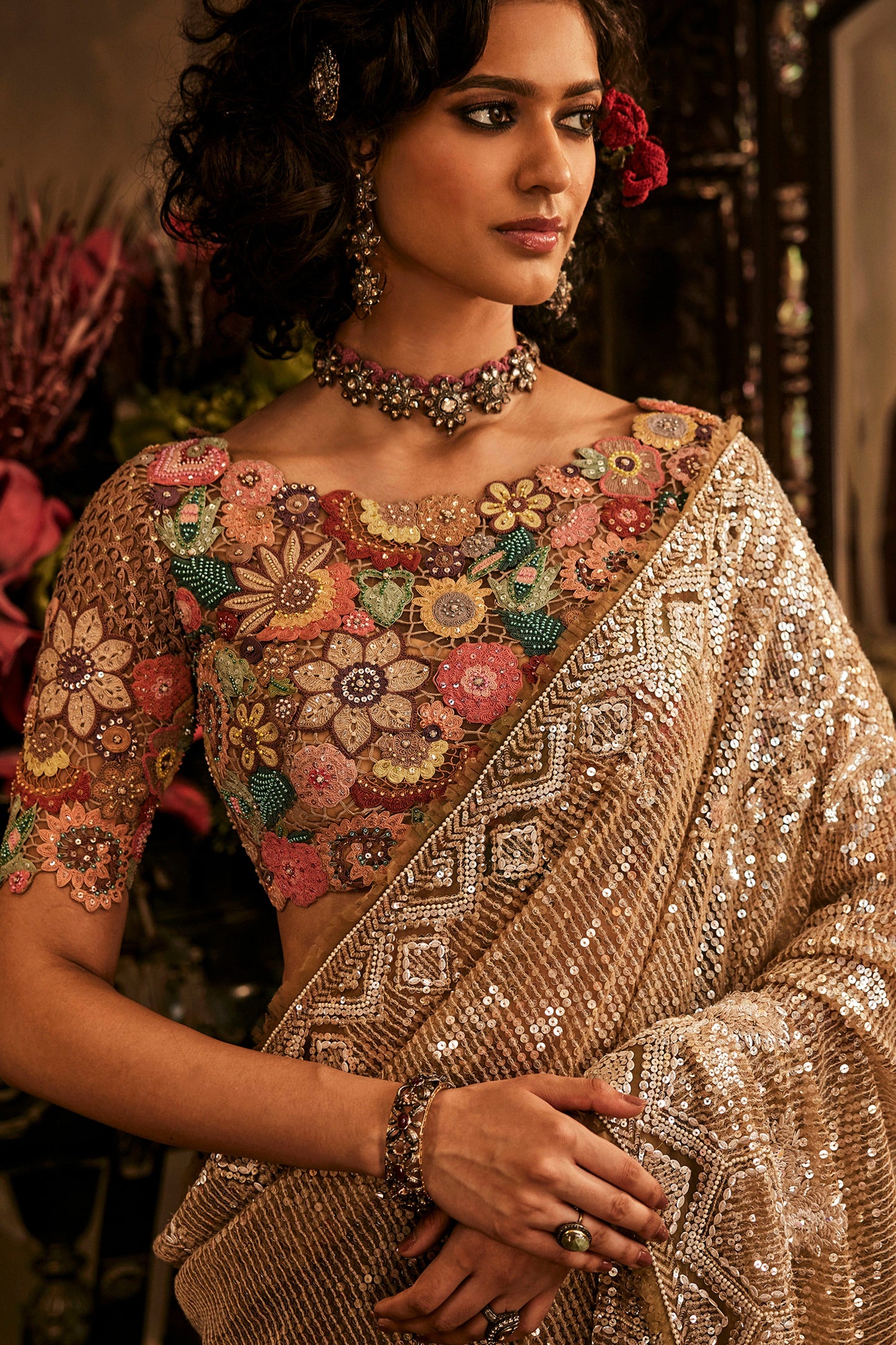 Champagne Hued Sequinned Saree