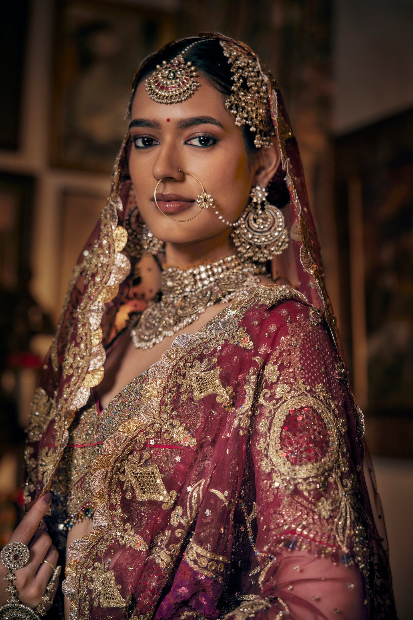 Garnet Red Archival Tulle Lehenga