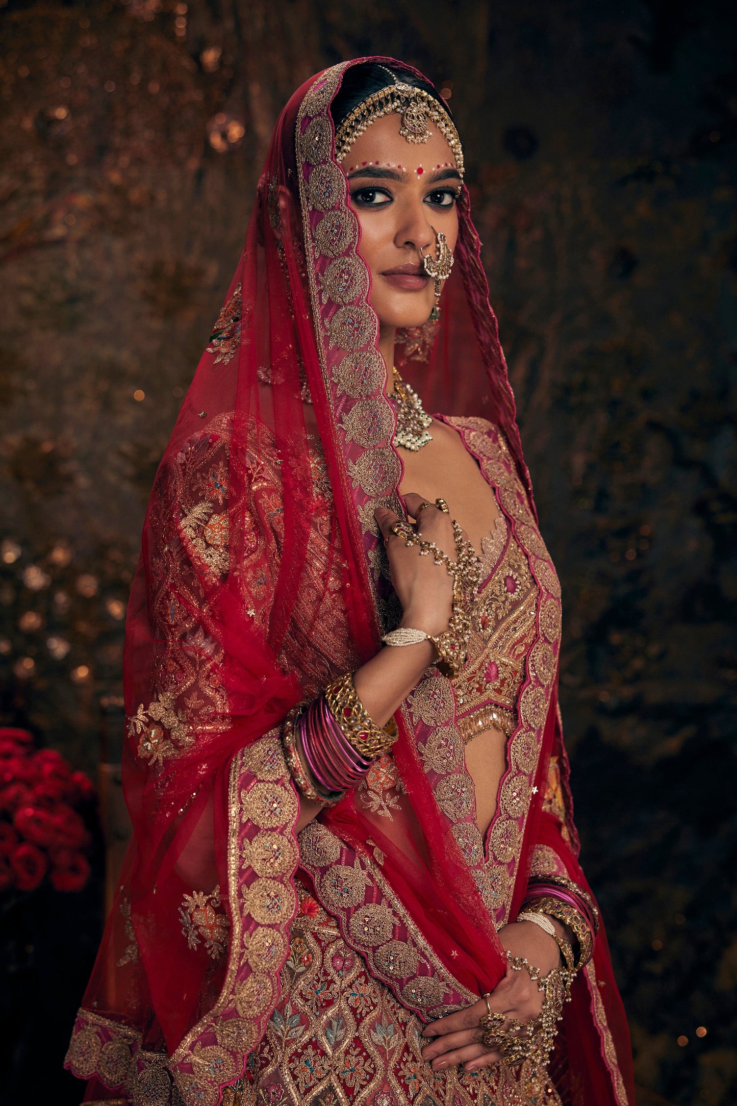 Garnet Red Floral Embroidered Lehenga