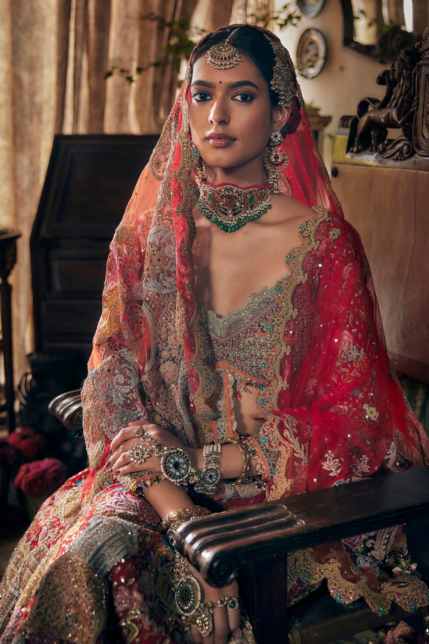 Crimson Red Cambodian Tulle Lehenga